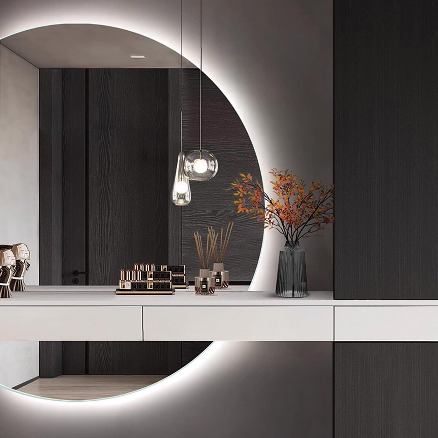 Miroir de courtoisie demi-cercle 90-130cm lumineux pour un maquillage parfait sans buée