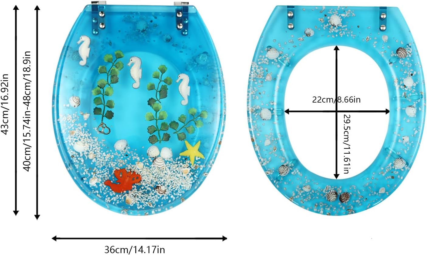 Shells Decor Resin Toilet Seat, Rotatable Elongated Marine Style Toilet Seat with Cover, Suitable for U-, V- and O-shaped Toilets