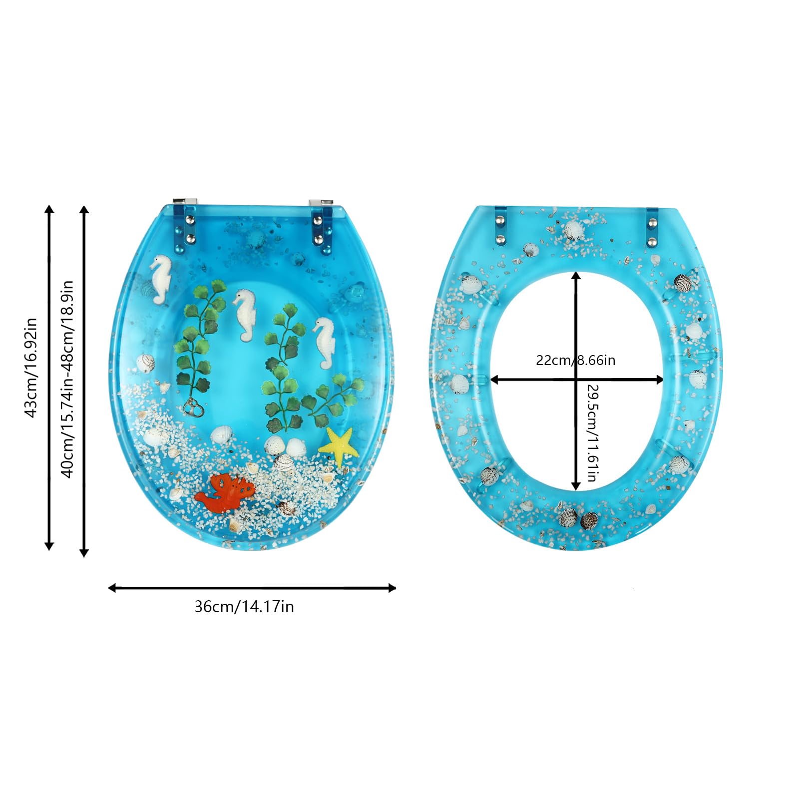Transparent Resin Toilet Seat Soft Close WITH 2 Hinges Quiet Slow Close Lid Transparent Blue Ocean Tropical Fish Designs for most lower-locked toilets in homes, hotels, restaurants (Style2)