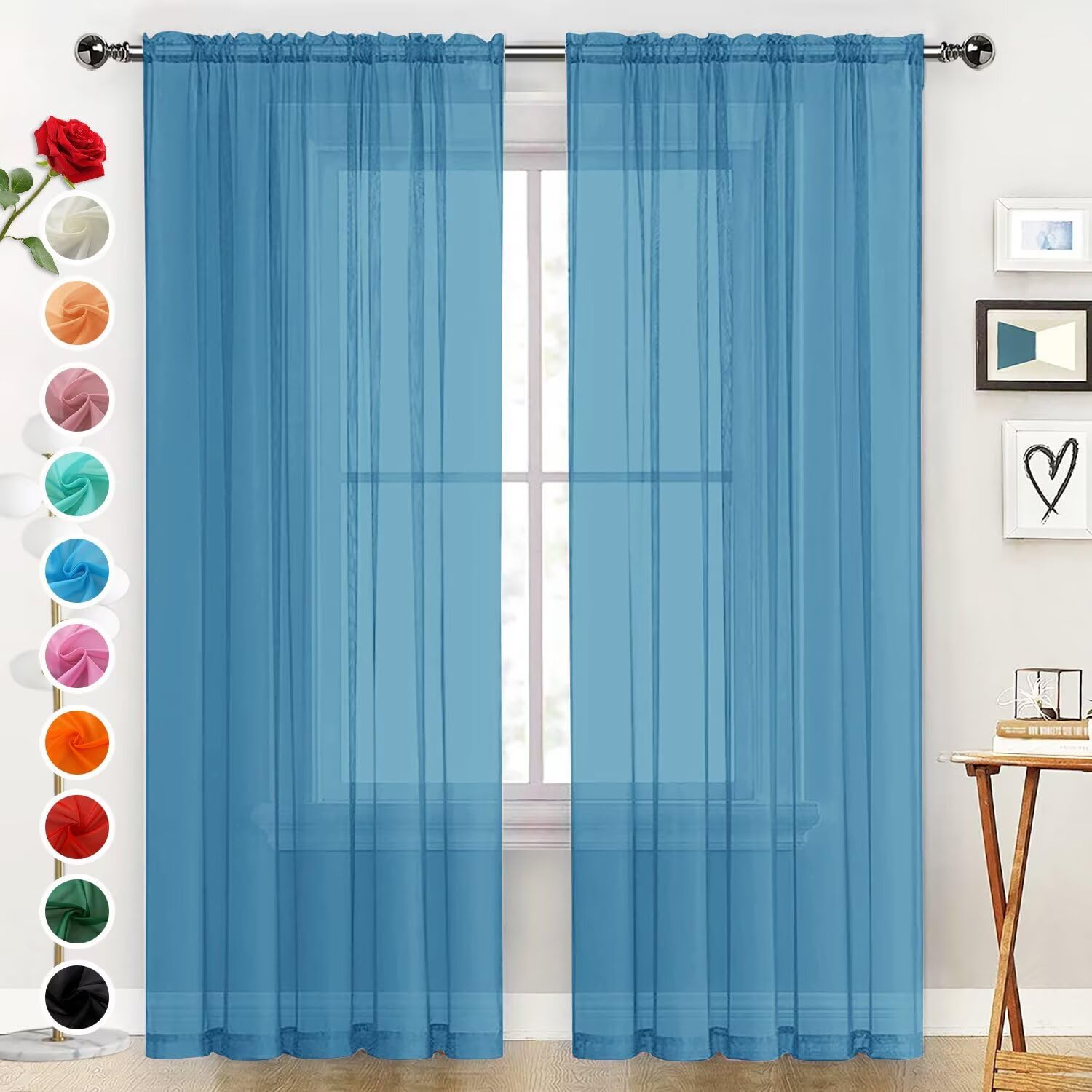 SpaceDresser Basic Rod Pocket Sheer Voile Window Curtain Panels Blue 1 Pair 2 Panels 52 Width 45 Inch Long for Kitchen Bedroom Children Living Room Yard（Blue, 52W x 45L）
