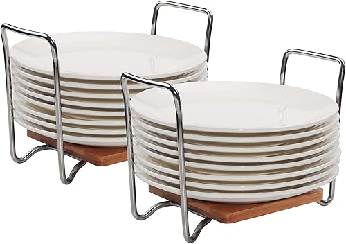 Miniatura 1 de Soporte para platos, pequeño y grande, paquete de 2 unidades para platos de 6 a 13 pulgadas, base redonda de madera marrón café con acero inoxidable