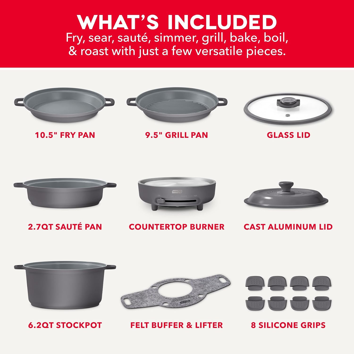 Dash Stacks 16-Piece Ceramic Nonstick Cookware Set with Electric Burner, Pots and Pans Set, Stackable Nesting Kitchen Pots and Pans, Small Kitchen, Oven Safe, Forged Iron