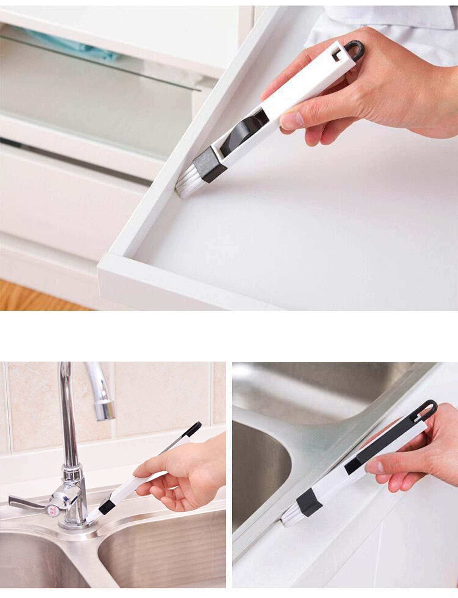 MEZON Plastic Multipurpose Kitchen Bathroom Door Window Groove Cleaning Brush Grooves Keyboard Small Brush with Dustpan Crevice Brush (Black-White) 4