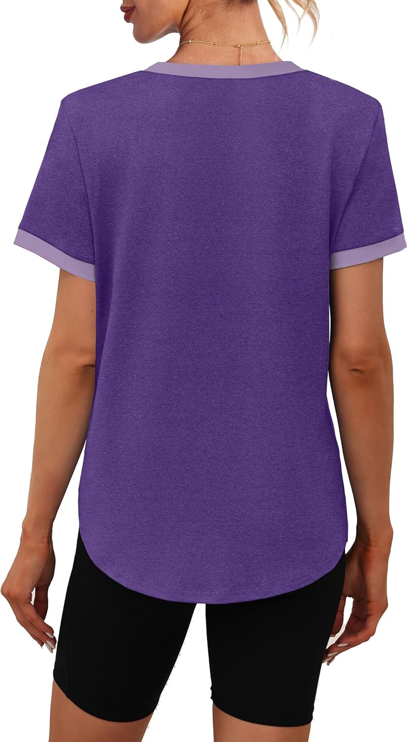 Womens Workout Tops Summer Short Sleeve Shirts Athletic Color Block Gym Clothes Outfits Sun Protection UPF 50+ T Shirts - Image 5