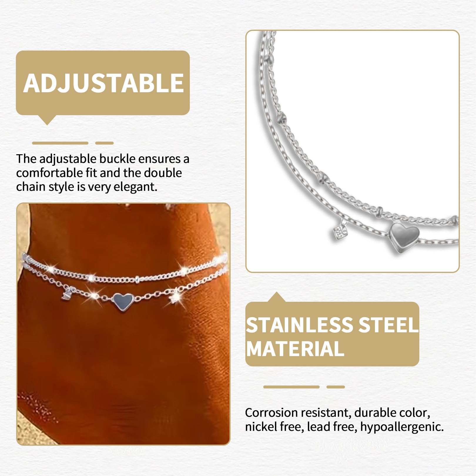 Cavigliera da donna, in acciaio inox e argento, impermeabile, da donna, con brillantini, idea regalo, da spiaggia, da surfista