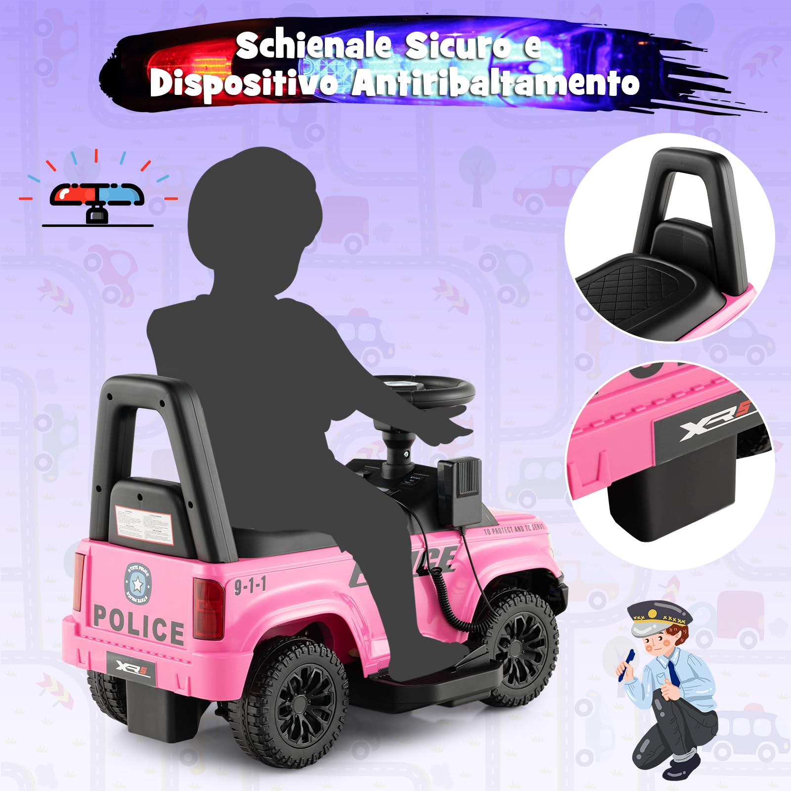 COSTWAY Auto Elettrica per Bambini, Auto della Polizia Giocattolo con Clacson Luce di Avvertimento e Suono della Sirena, Velocità 3 km/h, per Bambini 18-60 Mesi (Rosa)