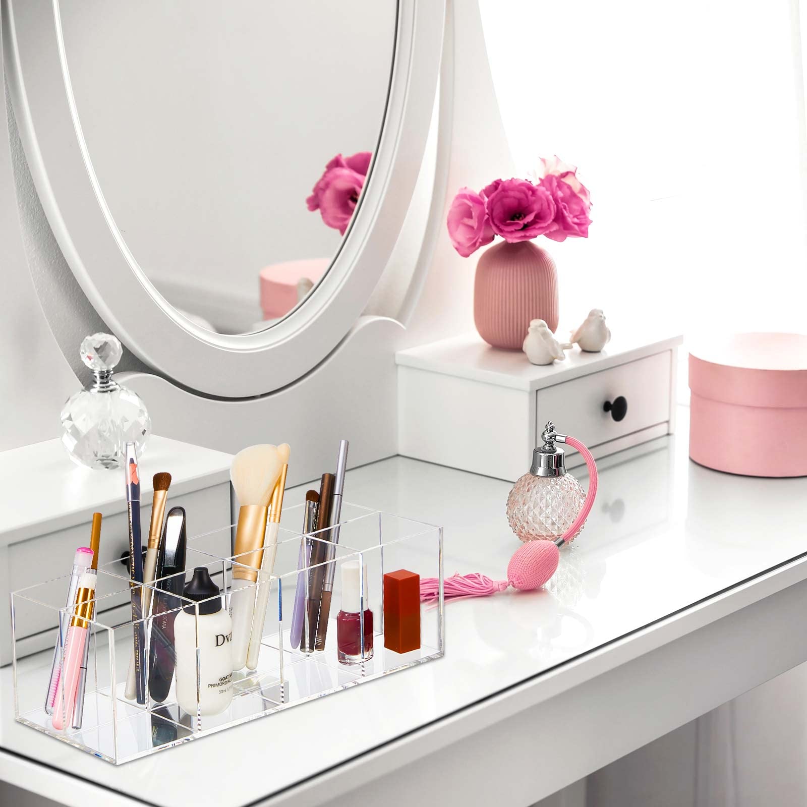 Organizador de plástico transparente para cajones de baño, 8 compartimentos, organizadores de tocador y almacenamiento, cubo cuadrado, organizador de maquillaje acrílico, soporte profundo para brochas