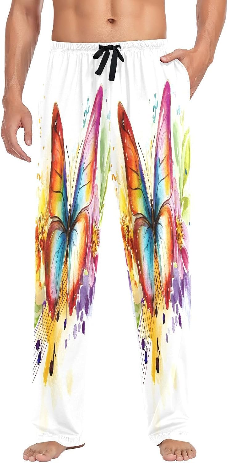 ALAZA Butterfly Music Notes Men's Pajama Pants Men Cotton Pajama Bottoms with Pockets, S