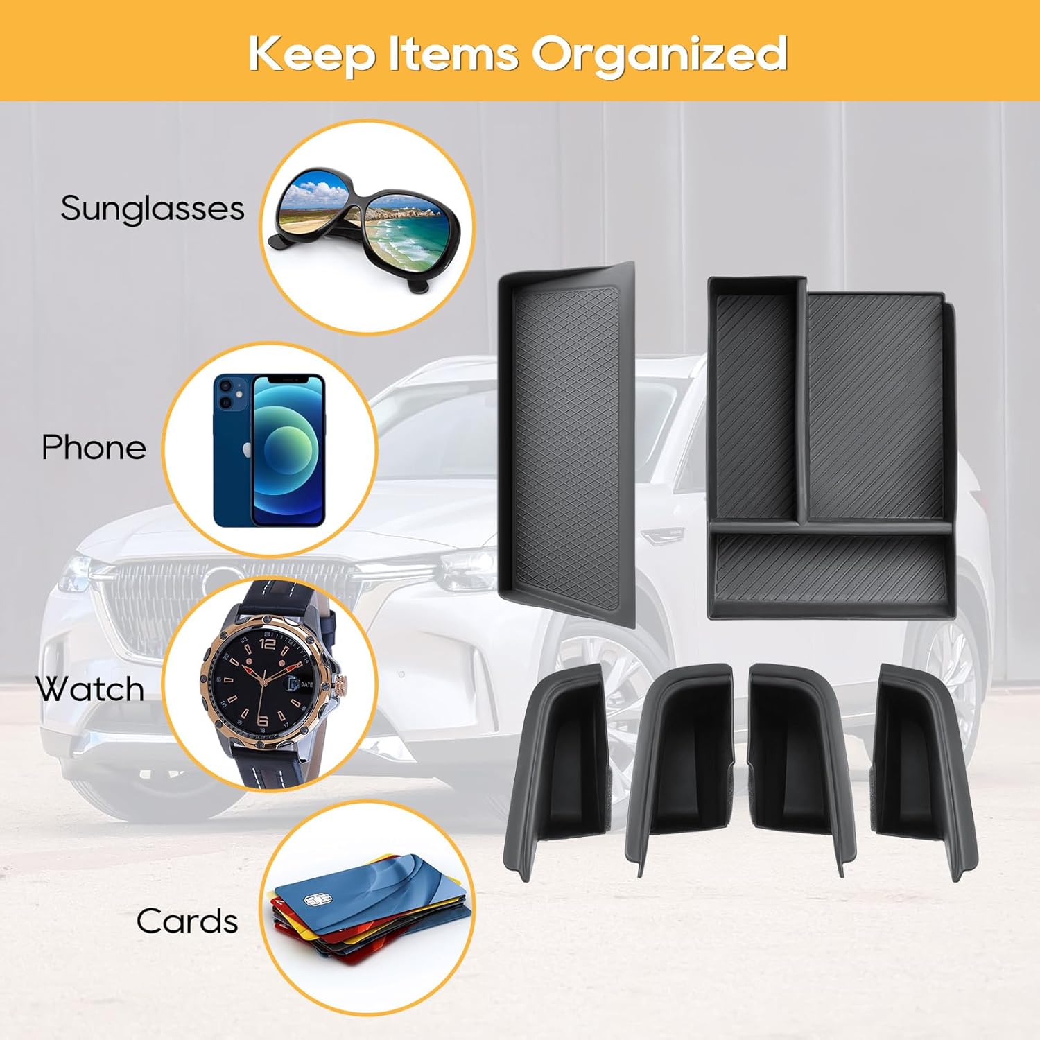 LFOTPP for Mazda CX-90 CX-70 Center Console Organizer for 2024 2025 2026 Mazda CX-90 CX-70 Middle Armrest Storage Tray Insert, OEM Fit, Non-Slip Waterproof 6PCS Interior Accessories