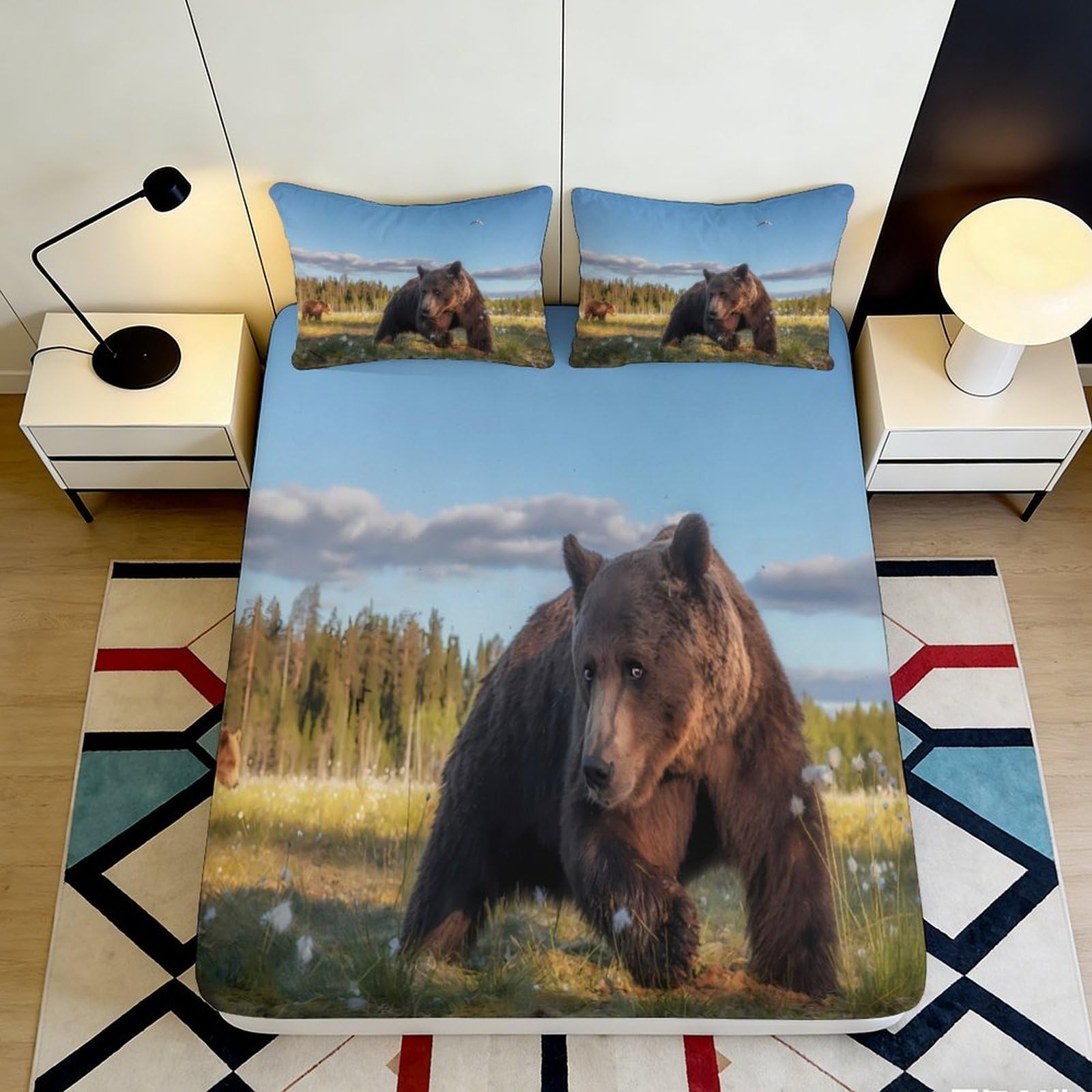 3D Printed Brown Bear Forest Fitted Sheet Microfiber Non-Slip Mattress Cover for Bedroom Guest Room Dorm Decor 160x200x25cm