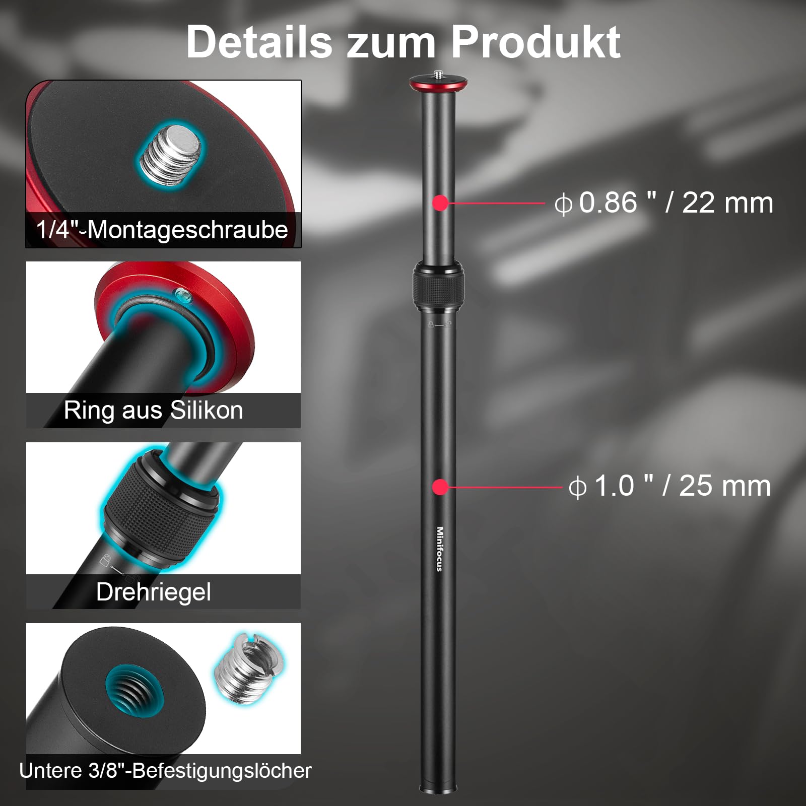 Stativverlängerung 2 Abschnitte Mittelsäule, 34-60cm Aluminium Teleskopstange, 15kg Tragkraft, 1/4" 3/8" Gewinde für Kamerastativ, Handystativ, Selfie Stick, Kamera, GoPro, Insta360
