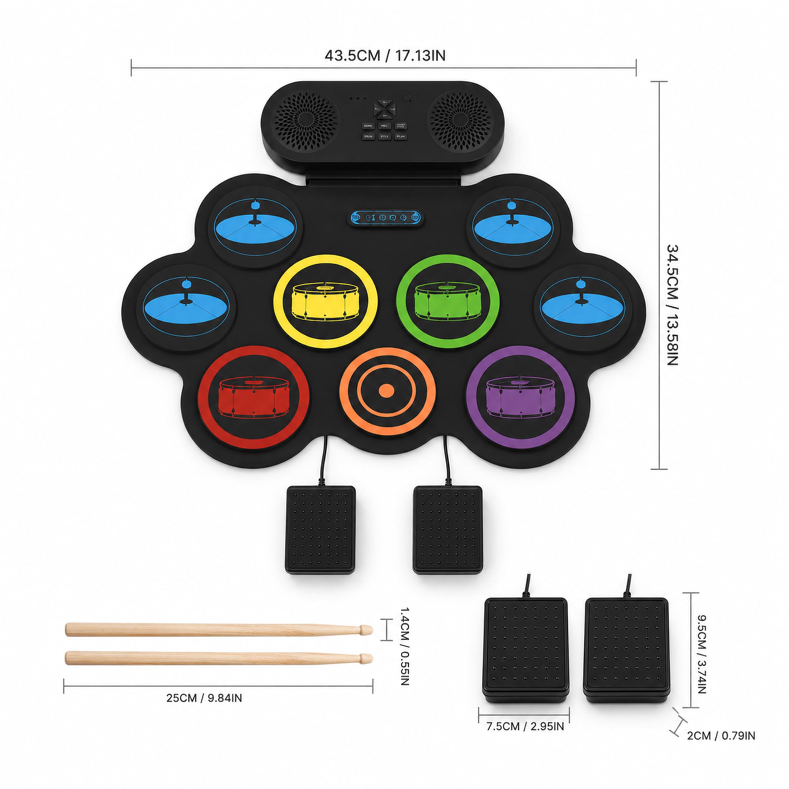Batería Electrónica Portátil Enrollable para Niños y Adultos, 9 Almohadillas Silenciosas con Altavoz Bluetooth, Batería Musical para Principiantes, Kit Completo con Pedales y Baquetas
