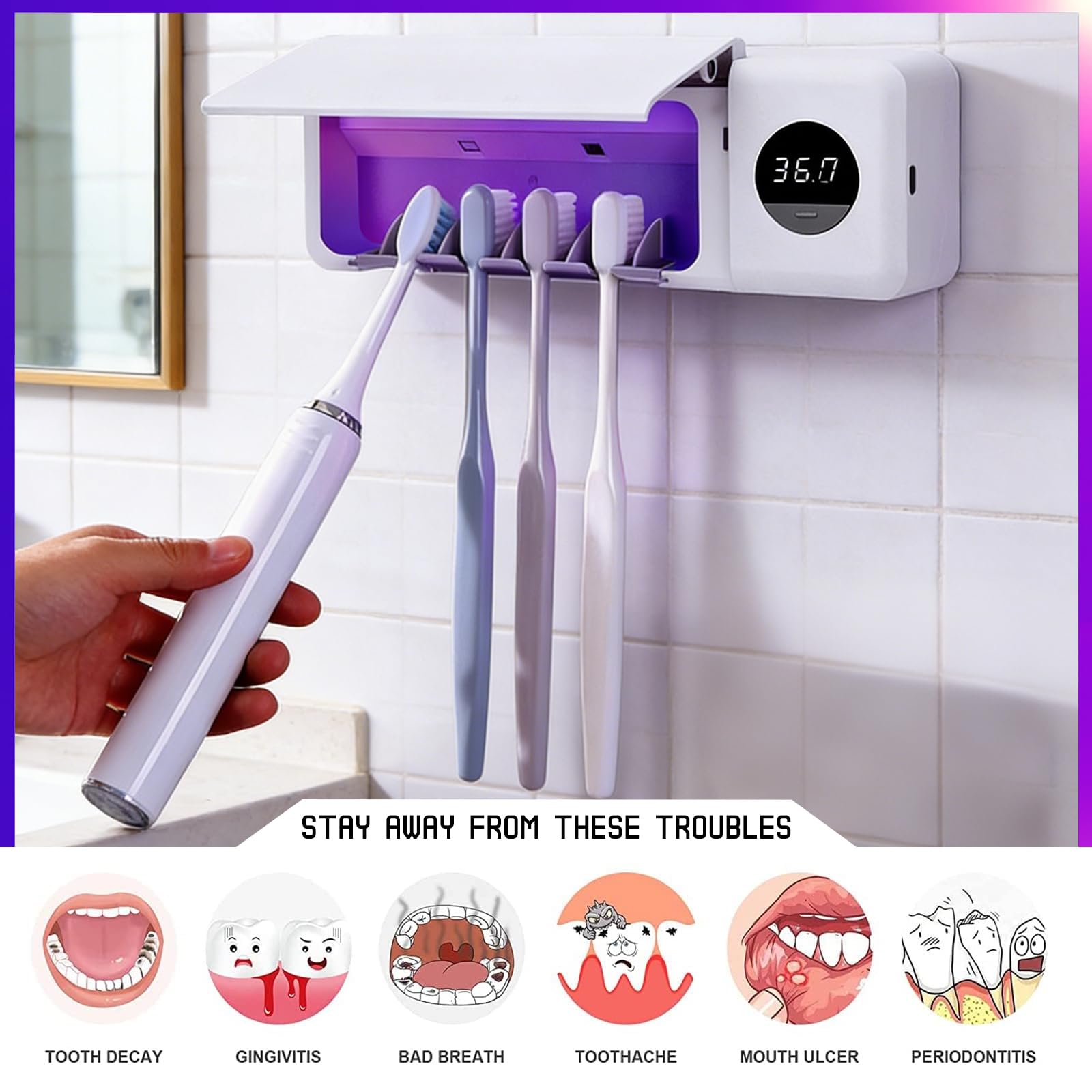 Porta Spazzolino, Sanificazione UV Portaspazzolini da Bagno, Funzione Timer e Lampada di Sterilizzazione, 2000 mAh Ricaricabile Portaspazzolino per Bagno, Lavanderia