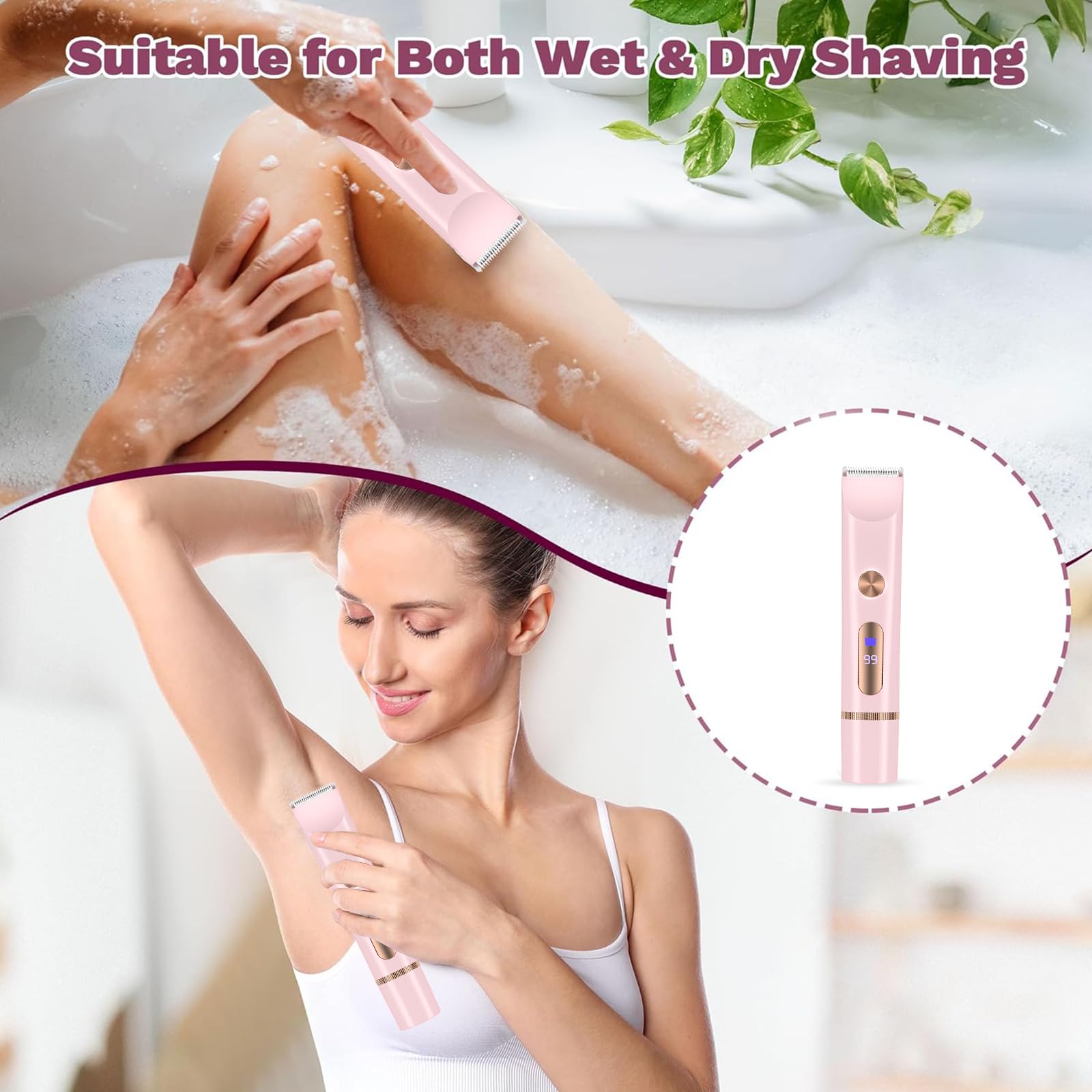 Rasoir Electrique Femme, Rasoir Electrique Feminin IPX6 Étanche Rasoir, zone Intime Sec/Humide pour Bikini, Aisselles, Bras, Visage et nez (Rose)
