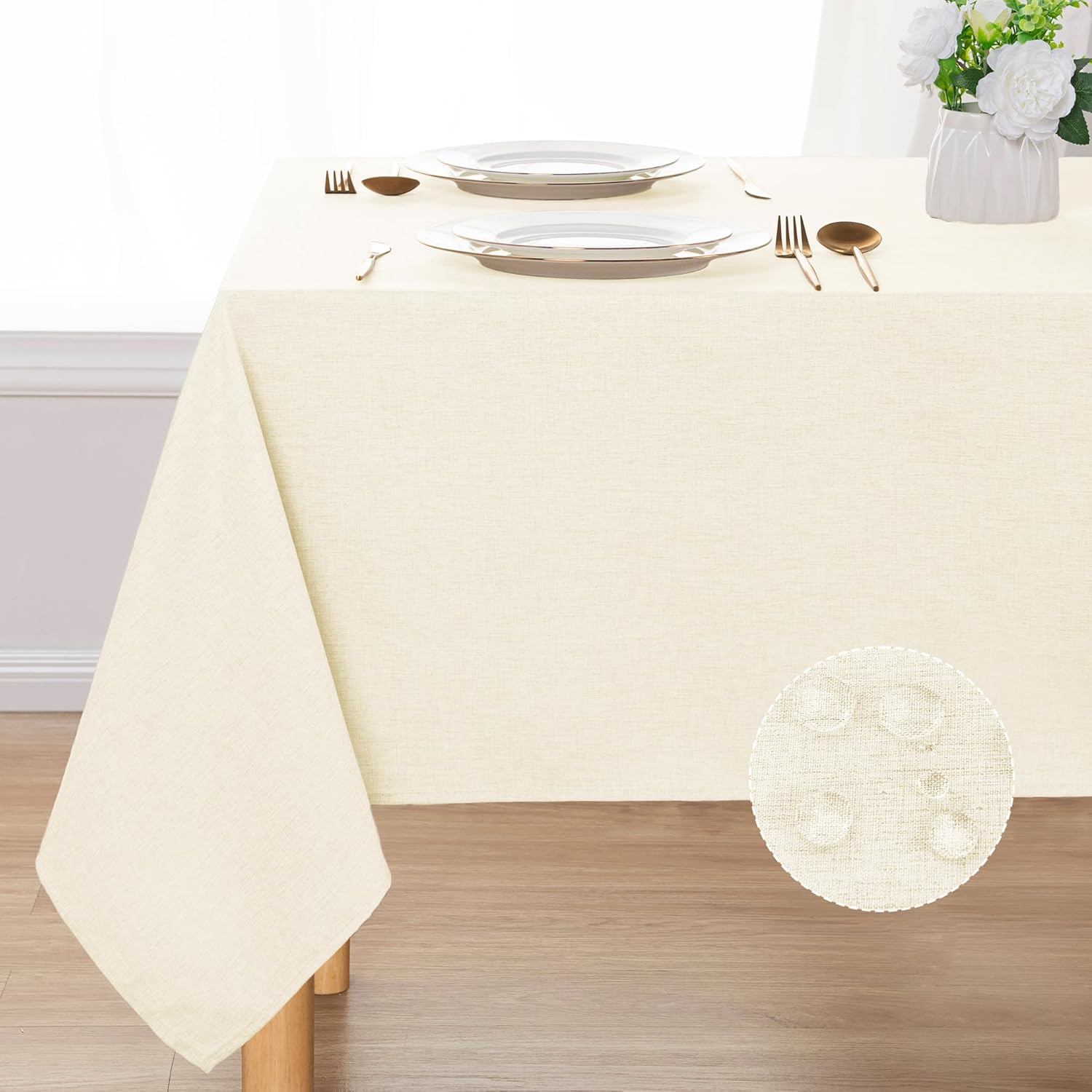 DWCN Rectangle Faux Linen Tablecloth - Textured Waterproof Spill-Proof Wrinkle and Stain Resistant Table Cloth Decorative Fabric Farmhouse Table Cover for Kitchen Dining, 60 x 120 Inch, Champagne