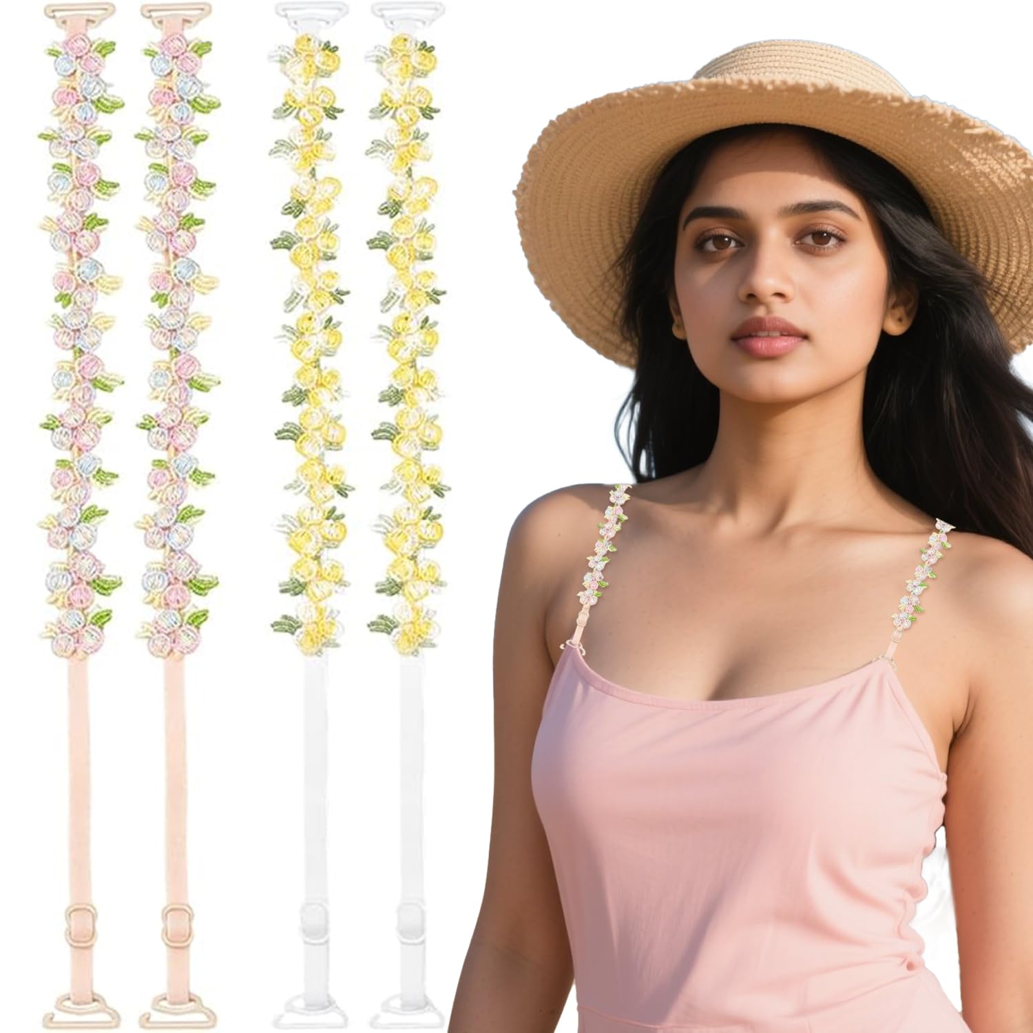 2 Pairs Floral Bra Straps, Decorative Adjustable Straps for Bra, Removable Replacement Bra Straps for Women Fancy Tops Dress Outfits (1.8cm Width)