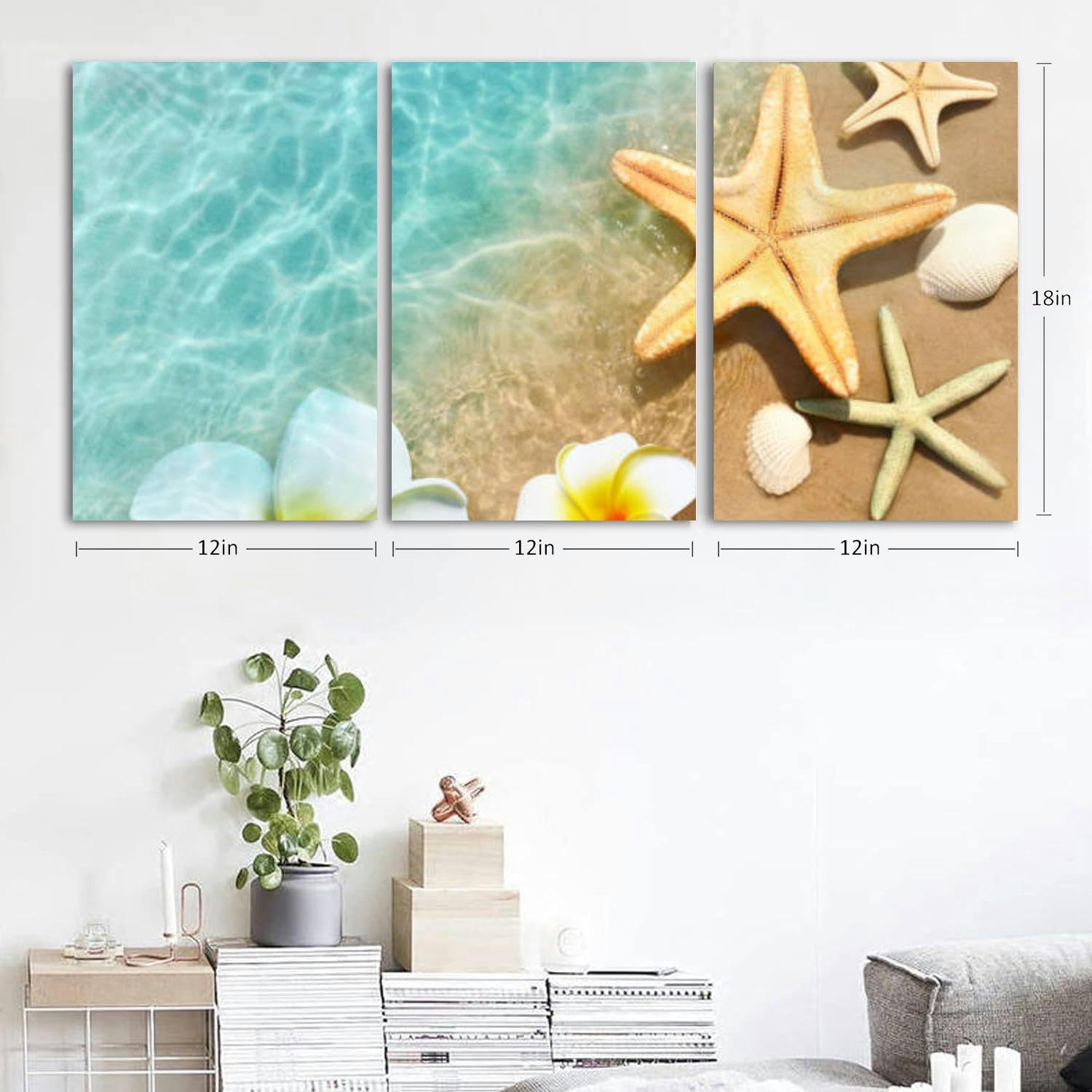 3 Panneaux Toile Canvas Plage - Starfish Pink Coquillage Corail Déco Murale Salon