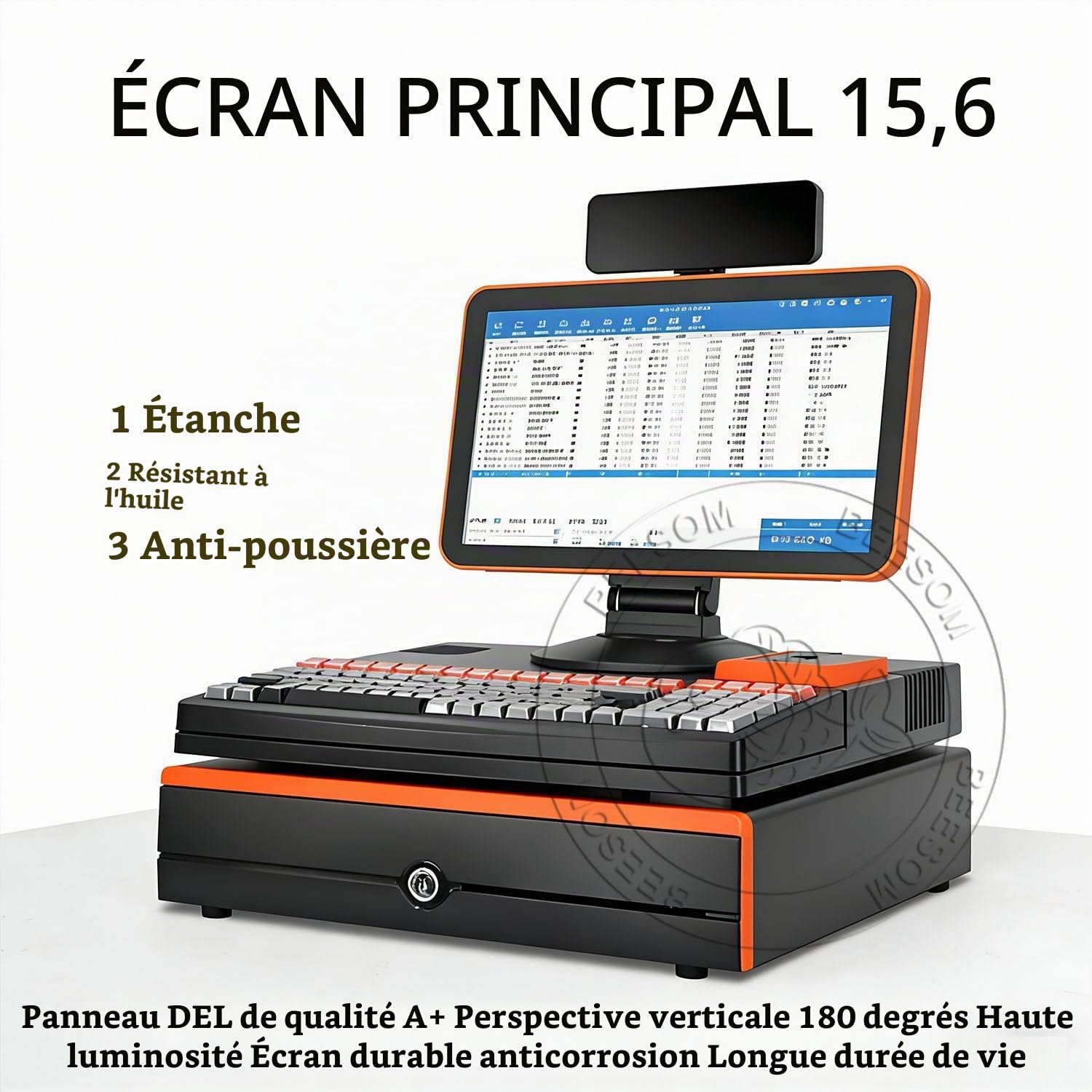 Caisse Enregistreuse Professionnelle,Imprimante Thermique,15,6" Écran Tactile Pliable Multi-Angle,4G+128Go + Processeur Dual-Core, Scanner + Tiroir-Caisse,Supermarché/Café Double