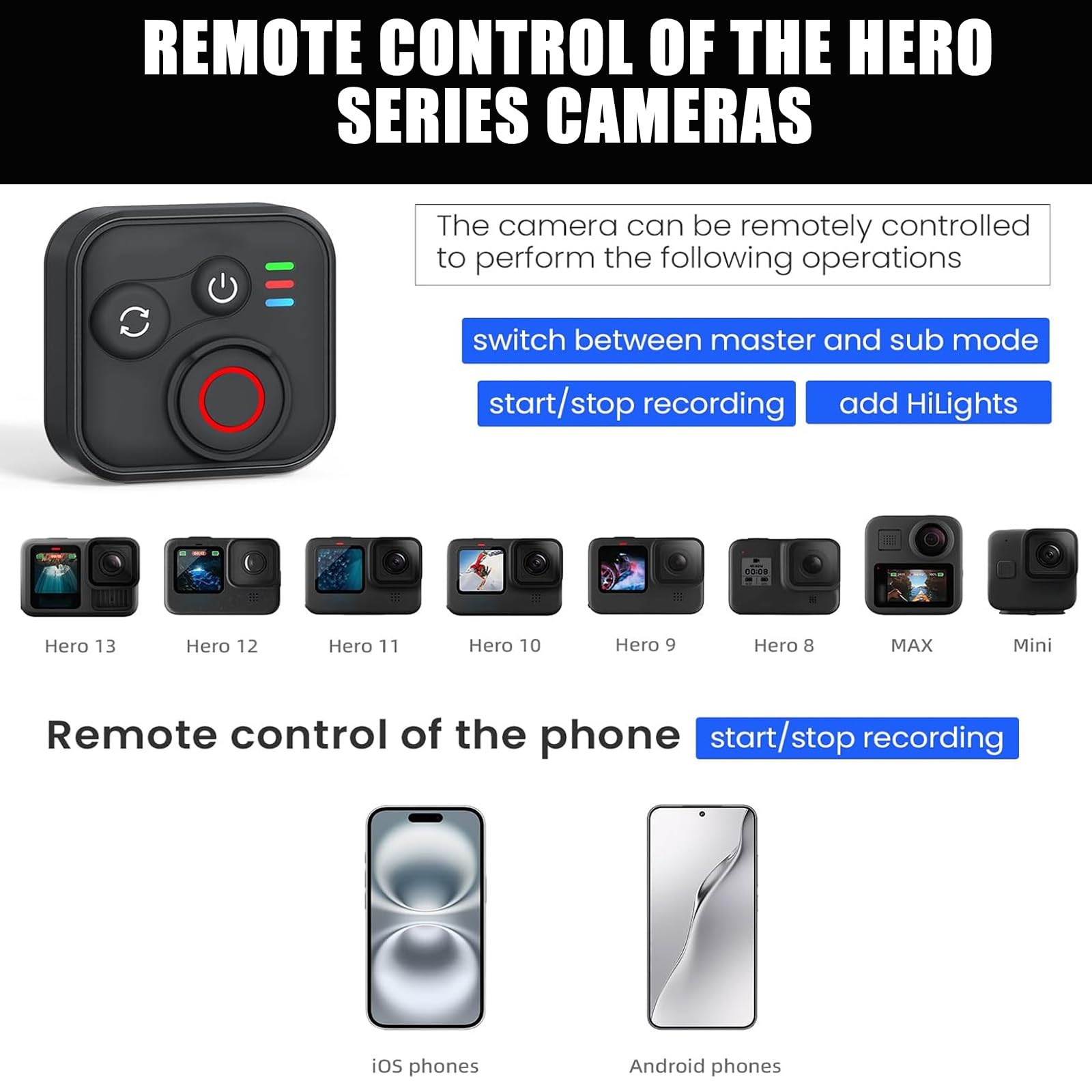 Télécommande Bluetooth pour Insta360 X5/X4/X3/Ace Pro 2/Ace Pro/GO3S/GO3/Hero 13/12/11, portée 50 m BT5.1 Type-C