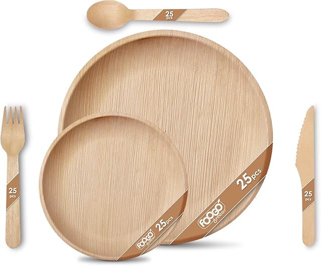 FOOGO Green 125pcs Disposable Palm Leaf Plates and Wooden Cutlery Set|25 Large Round Plates, 25 Small Side Plates, 25 Spoons, 25 Forks, 25 Knives|Party Wedding Plates|Eco Friendly Biodegradable