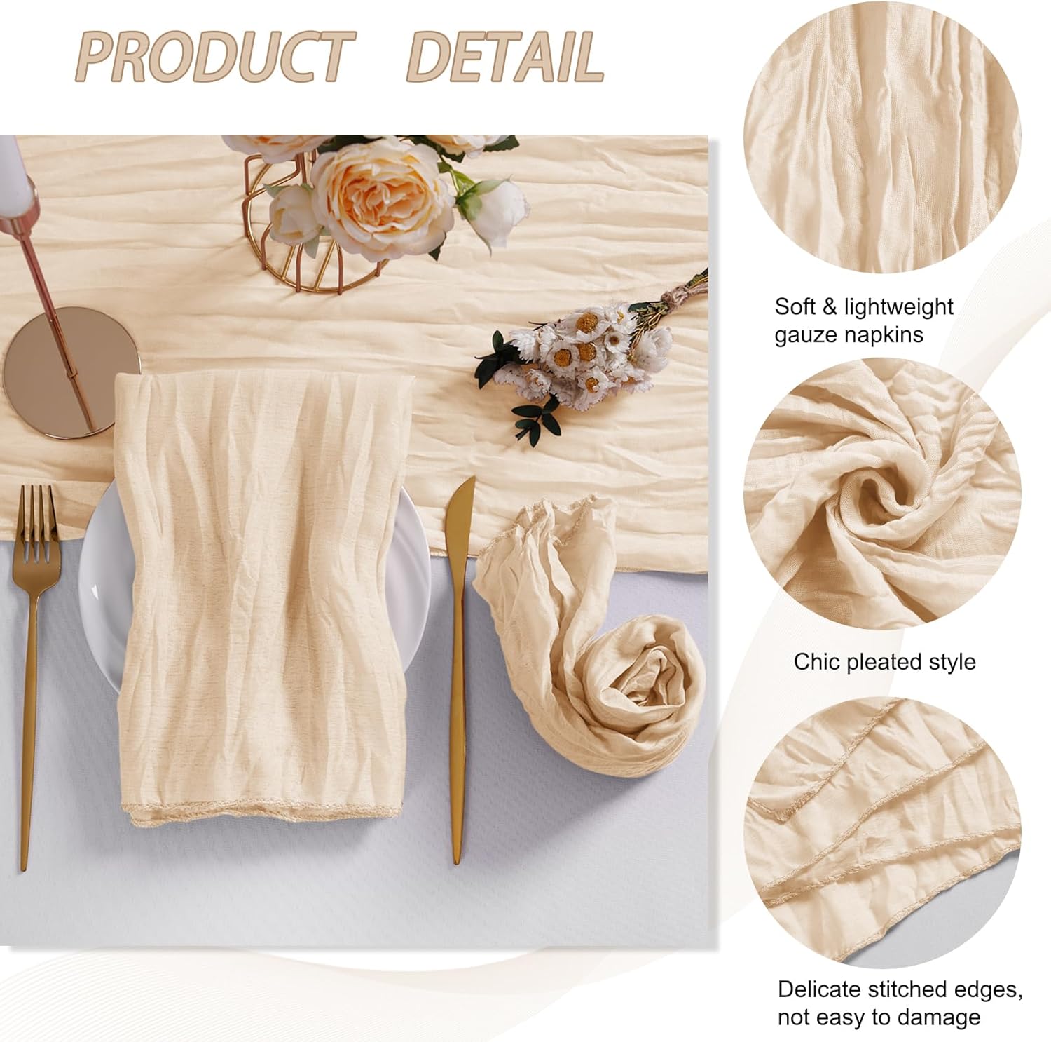 LZY 120 Pack Gauze Cheesecloth Napkins 20x20 Inch Dinner Cloth Napkins, Soft Boho Table Napkins Rustic Wrinkled Cheese Cloth Napkins Bulk for Wedding Party Baby Shower Event Decor (Ivory)