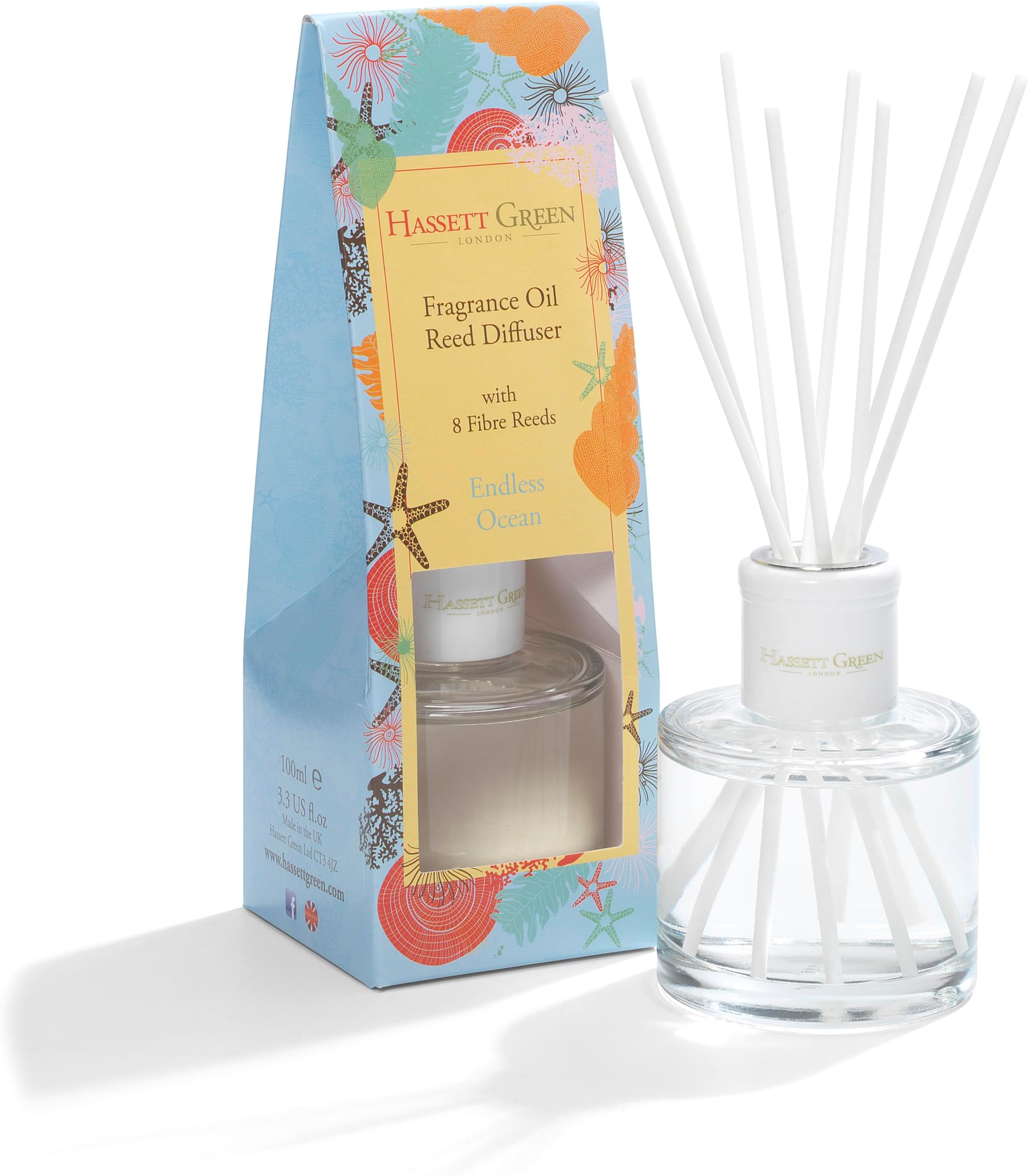 Hassett Green London Fragrance Oil Reed Diffuser - 100ml Glass Bottle with 8 Fibre Reeds - Endless Ocean
