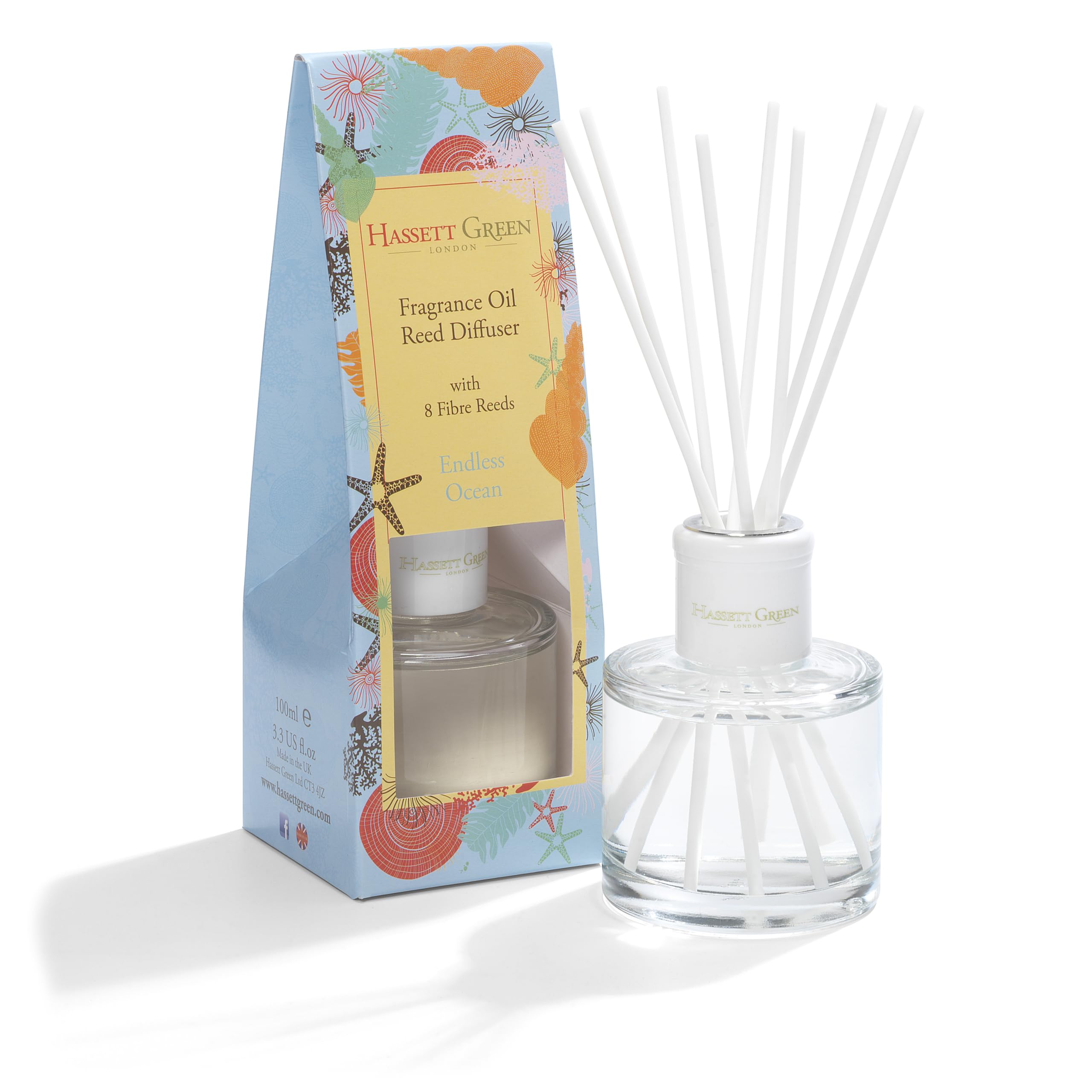 Hassett Green London Fragrance Oil Reed Diffuser - 100ml Glass Bottle with 8 Fibre Reeds - Endless Ocean