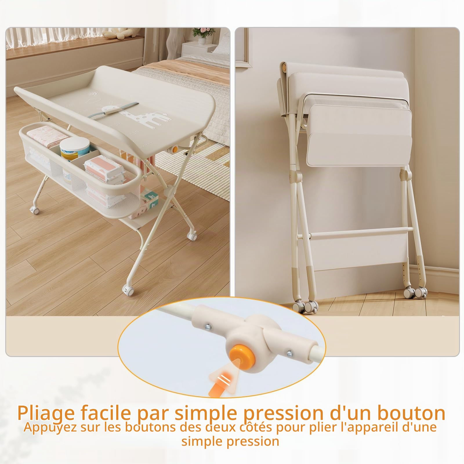 Table a Langer Pliante avec Panier de Rangement,pour Nouveau-né, Charge Max 25KG,Réglable en Hauteur,Table a Langer Bebe avec roulettes,80 * 73 * 86-94 cm (Blanc Laiteux)