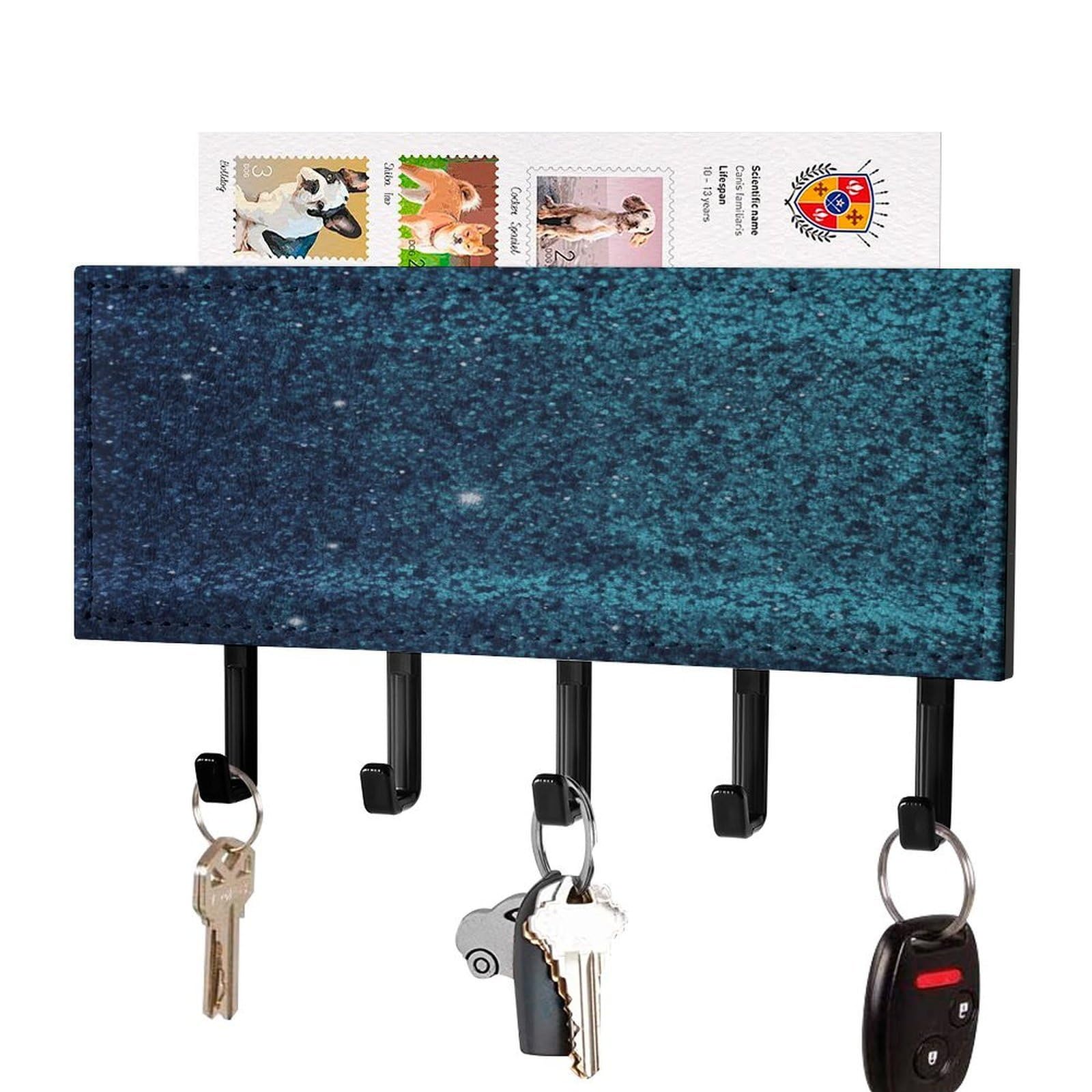 LDGSUPH Teal Glitter Key Holder Wall Mount Key Hanger with 5 Hooks Fashion Key Organizer Rack Hanging Key Hooks with Mail Organizer Key Rack for Home Entryway Hallway Black-Style