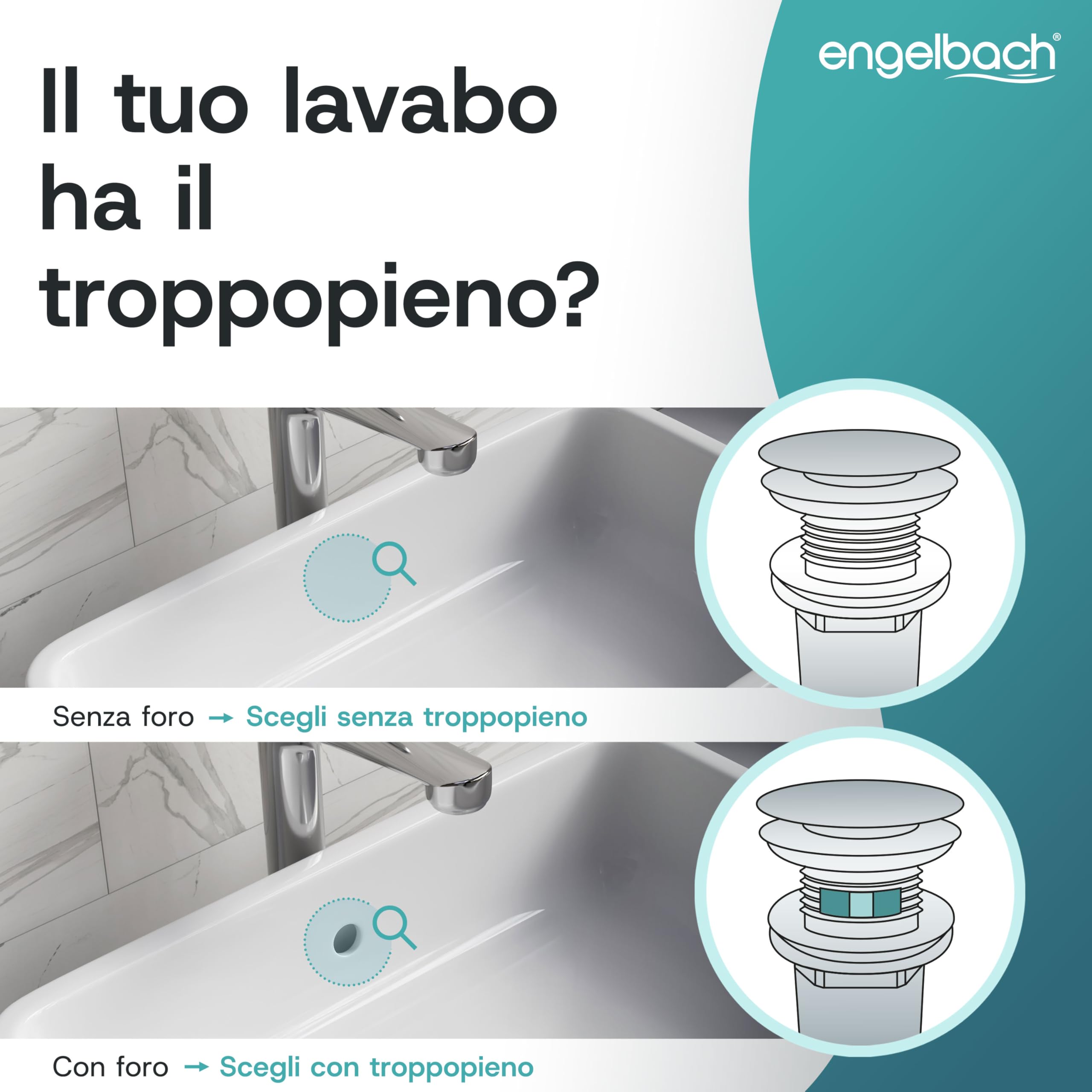 Engelbach® Piletta lavabo con troppopieno – Scarico Click Clack con 3 guarnizioni – Valvola di scarico universale per lavabi da bagno