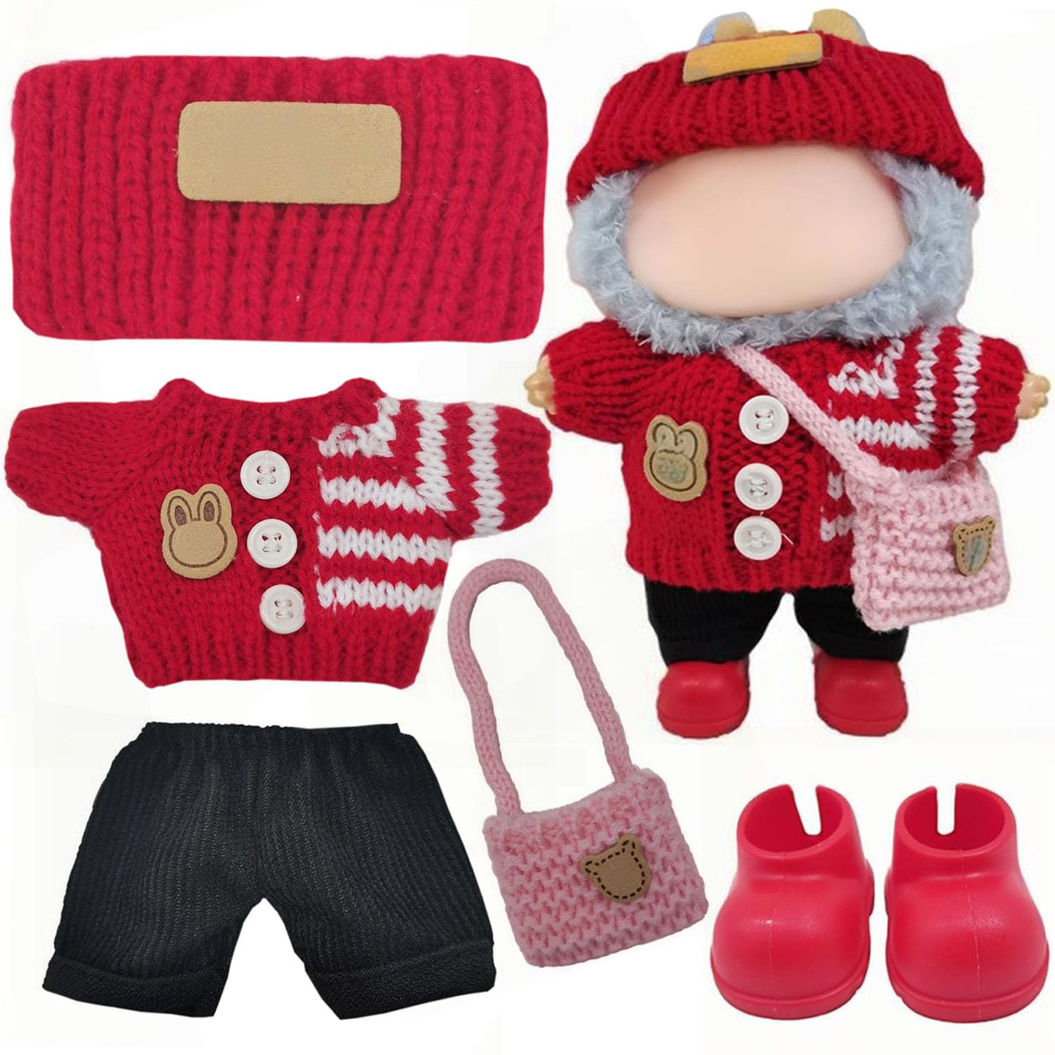 Clothes Set for 17cm Doll, Handcrafted Crochet 5 Piece Set Sweaters Hat Backpack Pants Shoes, Clothes Outfit Accessories for Dolls (No Doll) Red