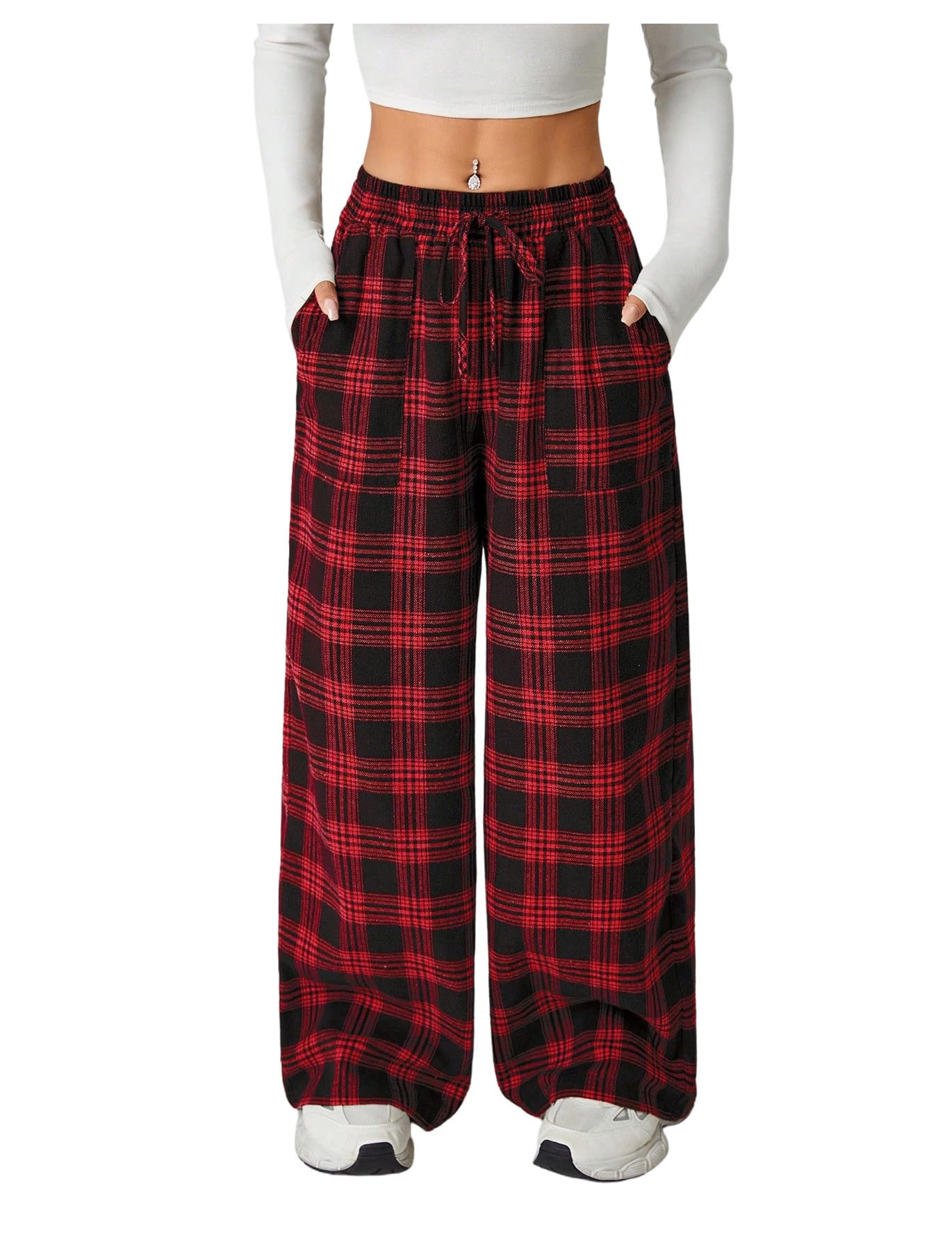 SweatyRocks Womens Plaid Print Wide Leg Loose Pants Casual Elastic Waist Long Trousers Streetwear Outfis
