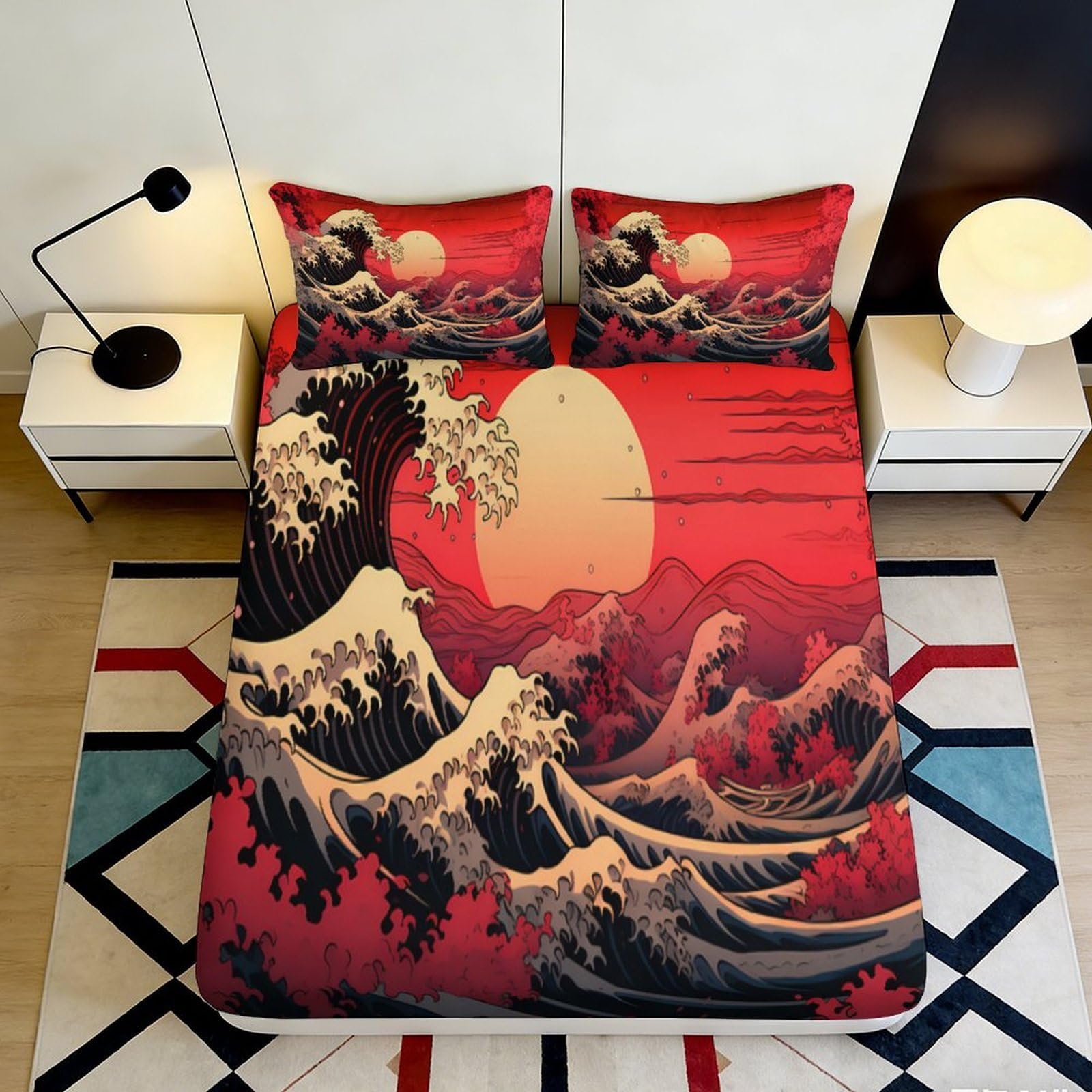 Pnayamiorkfel Style-9 3D Printed Red Japanese Wave Fitted Sheet Microfiber Soft Breathable Sunset Ocean Mattress Cover For Bedroom Decor 90X200x25cm