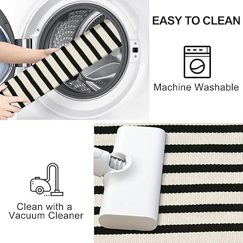 Vista 60 de Alfombra de exterior a rayas blancas y negras, 3 x 5 pies, de algodón, moderna, tejida a mano, reversible, alfombra de patio lavable en capas para 1