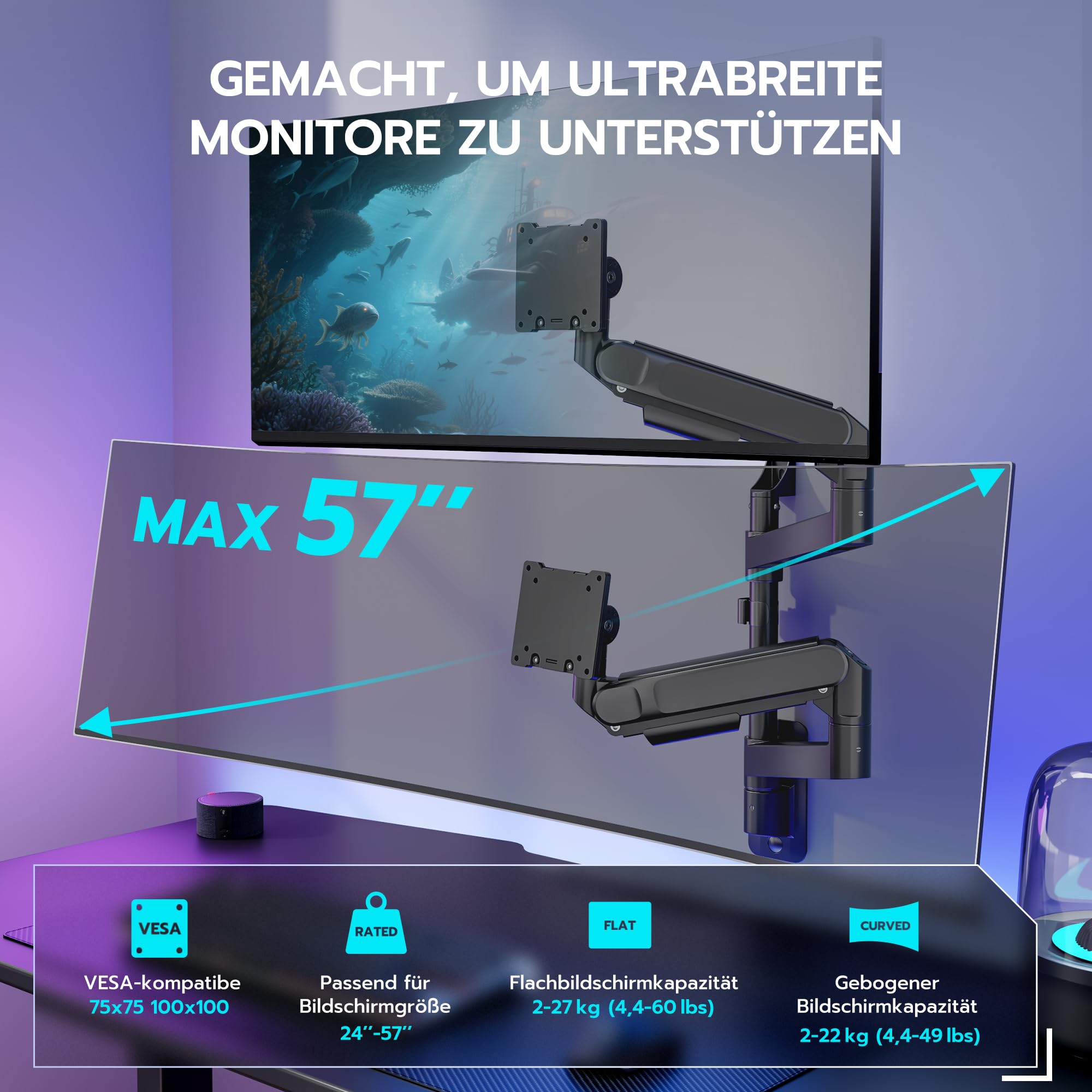 Ares Wing Soporte de Pared para 2 monitores de 24 a 57", Negro | para pantallas de hasta 27 kg/brazo, muelle de gas, soporte de pared, altura regulable, inclinable, VESA 75/100