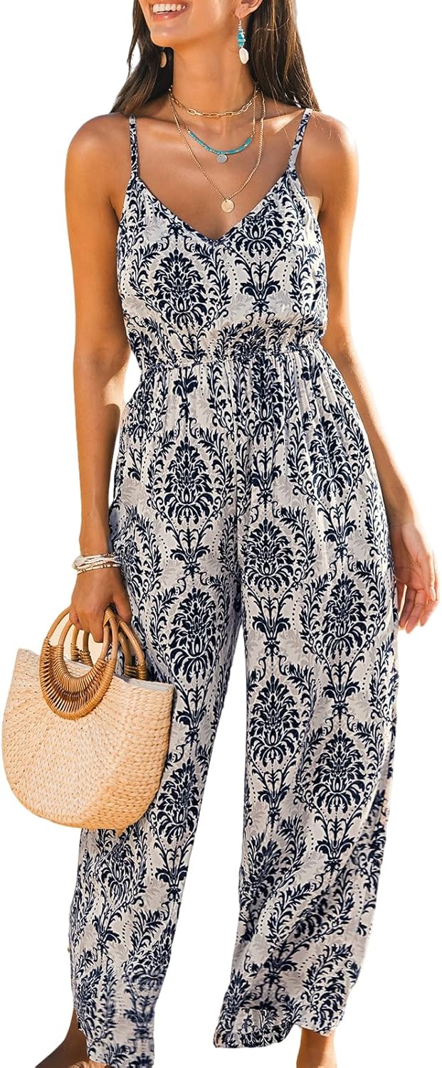 CUPSHE Women's Romper V Neck Cami Straps Elasticized Waist Jumpsuit Wide leg Outfit Coverup Casual Dressy