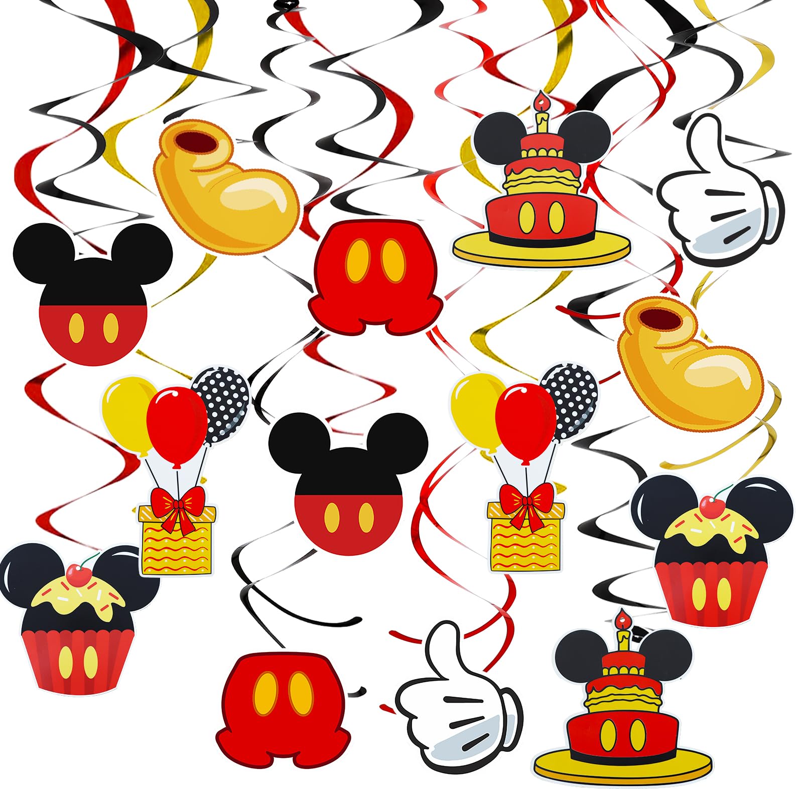 Pre-Strung Red Yellow Birthday Hanging Swirl Decorations,Mouse Birthday Party Ceiling Streamers, Mouse Theme Party Supplies, Party Favors for Boys Kids(38 Pcs)