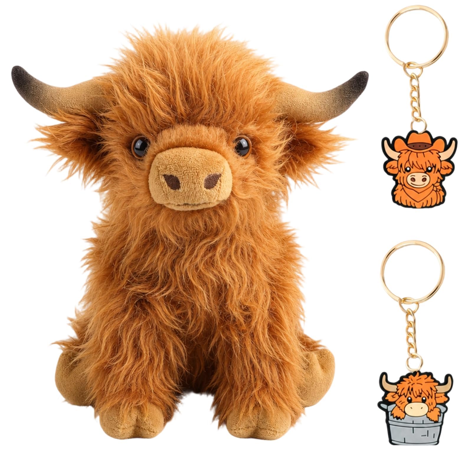 EujRcf Highland Cow Teddy with Two Keyrings, Brown Highland Cow Plush Toy