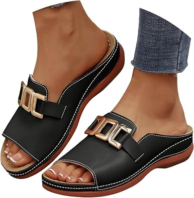 Orthopedic Wedge Sandals for Women with Arch Support Open Toe Metal Buckle Slippers Slip On Summer Plantar Fasciitis Slides Recovery Mules Sandals Comfortable Wide Width Beach Walking Shoes