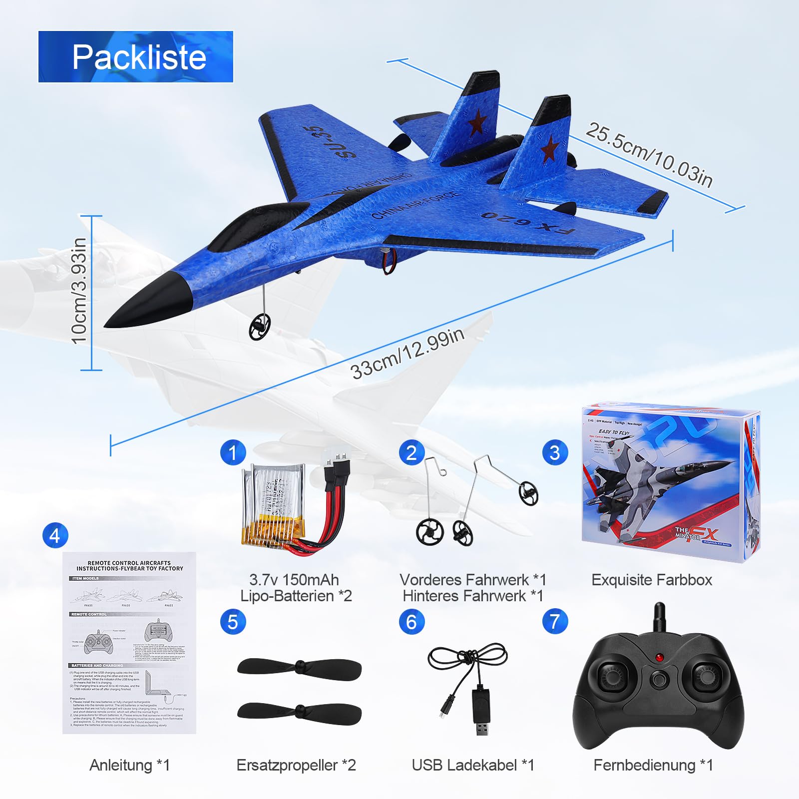 Henakmsl RC Flugzeug 2CH Ferngesteuerter SU35 Kämpfer 2.4GHz RC Flugzeug RTF für Anfänger, Kinder und Erwachsene, FX620 Flugzeug Spielzeug mit Farbigen Lichtern USB-Aufladung Blau