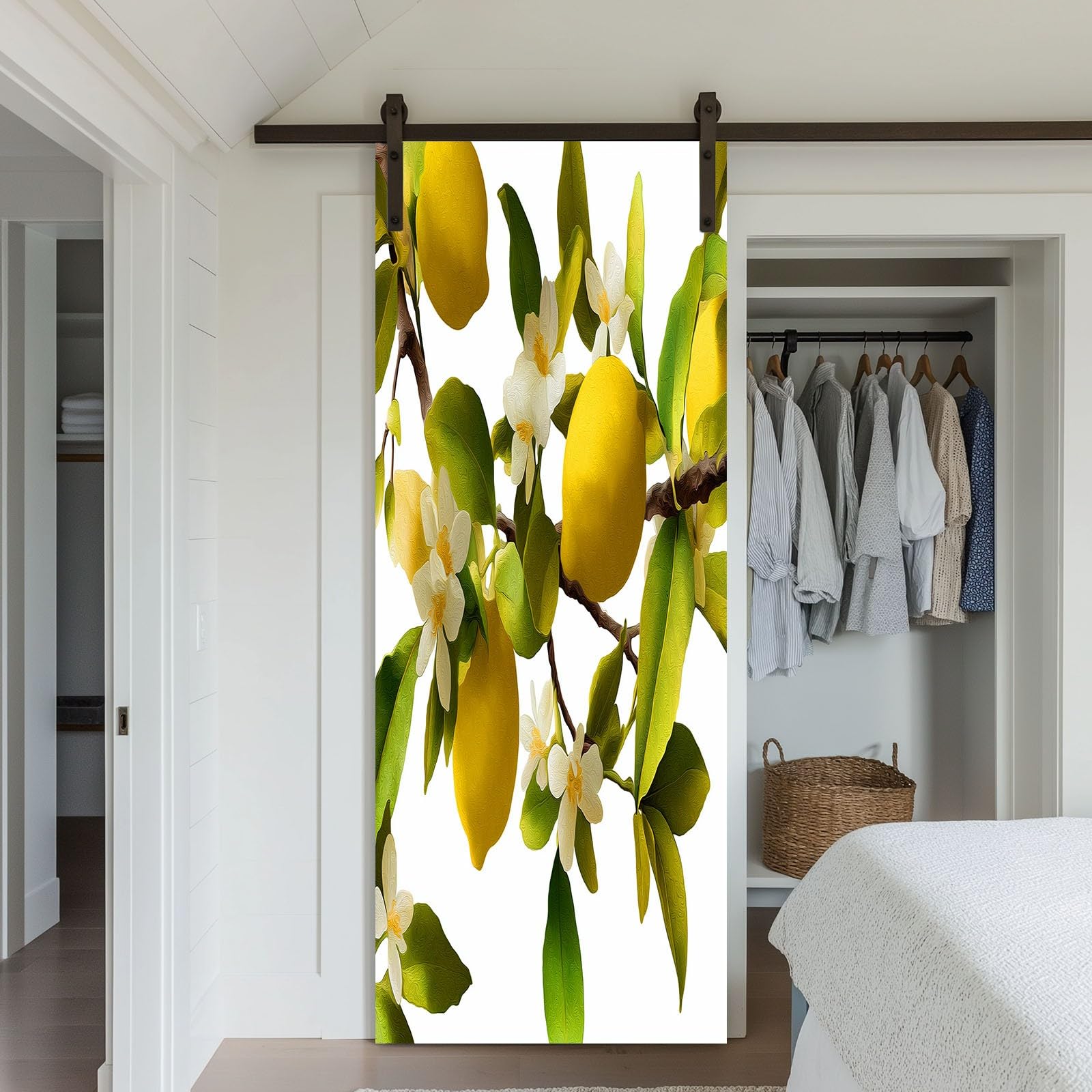 Tapeta na drzwi 3D, samoprzylepna, owoce, cytryna, liście, kwiaty, plakat na drzwi, ręcznie malowany styl akwarelowy, naklejka na drzwi, wodoodporna folia na drzwi, fototapeta do salonu, sypialni