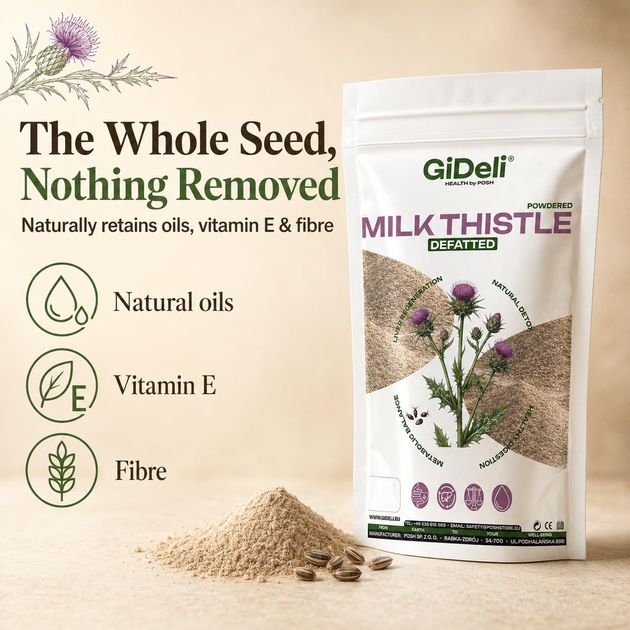 GiDeli Cardo mariano macinato, 5 kg, polvere pura al 100% senza additivi, per la dieta quotidiana, contenuto naturale di silymarina, ideale per yogurt, cereali, frullati e insalate, origine