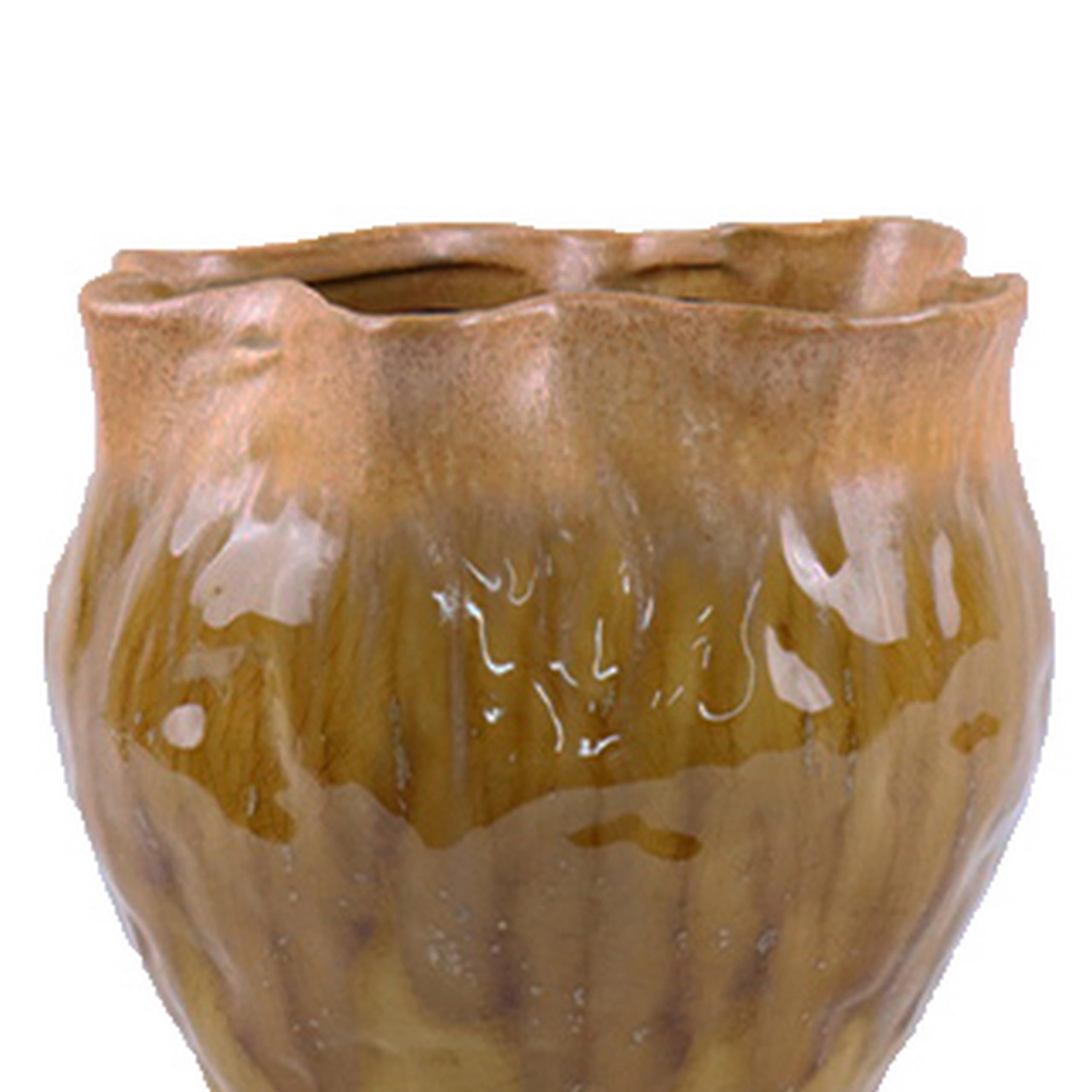 Benjara Balie Accent Vase, Brown Ceramic, Irregular Top Edge, Modern 10 Inch
