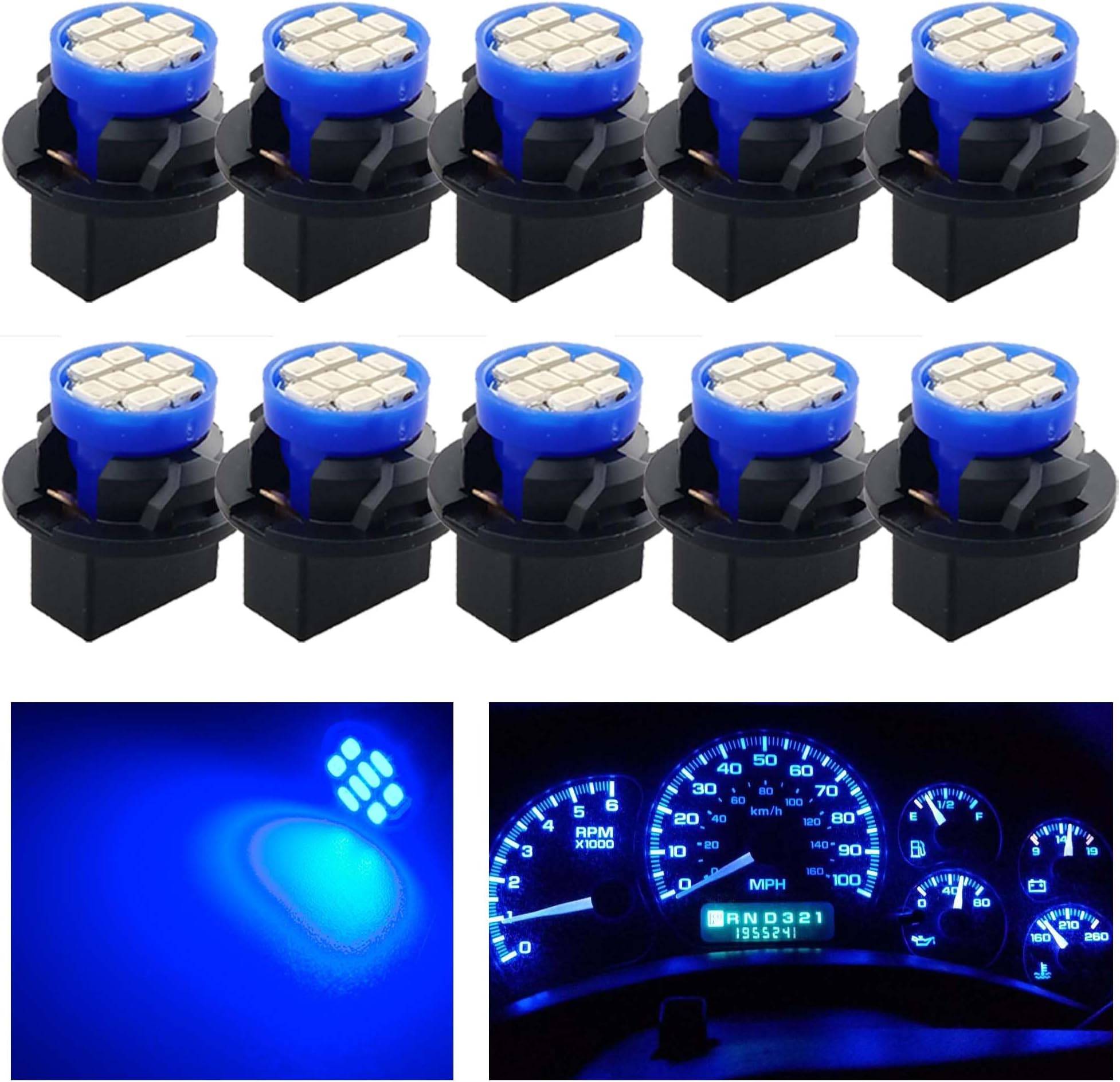 Blue T10 194 168 LED Dashboard Instrument Panel Light Bulbs, 10Pcs, Super Bright 12V 8-SMD Chipset with Twist Lock Socket for Gauge Cluster Replacement
