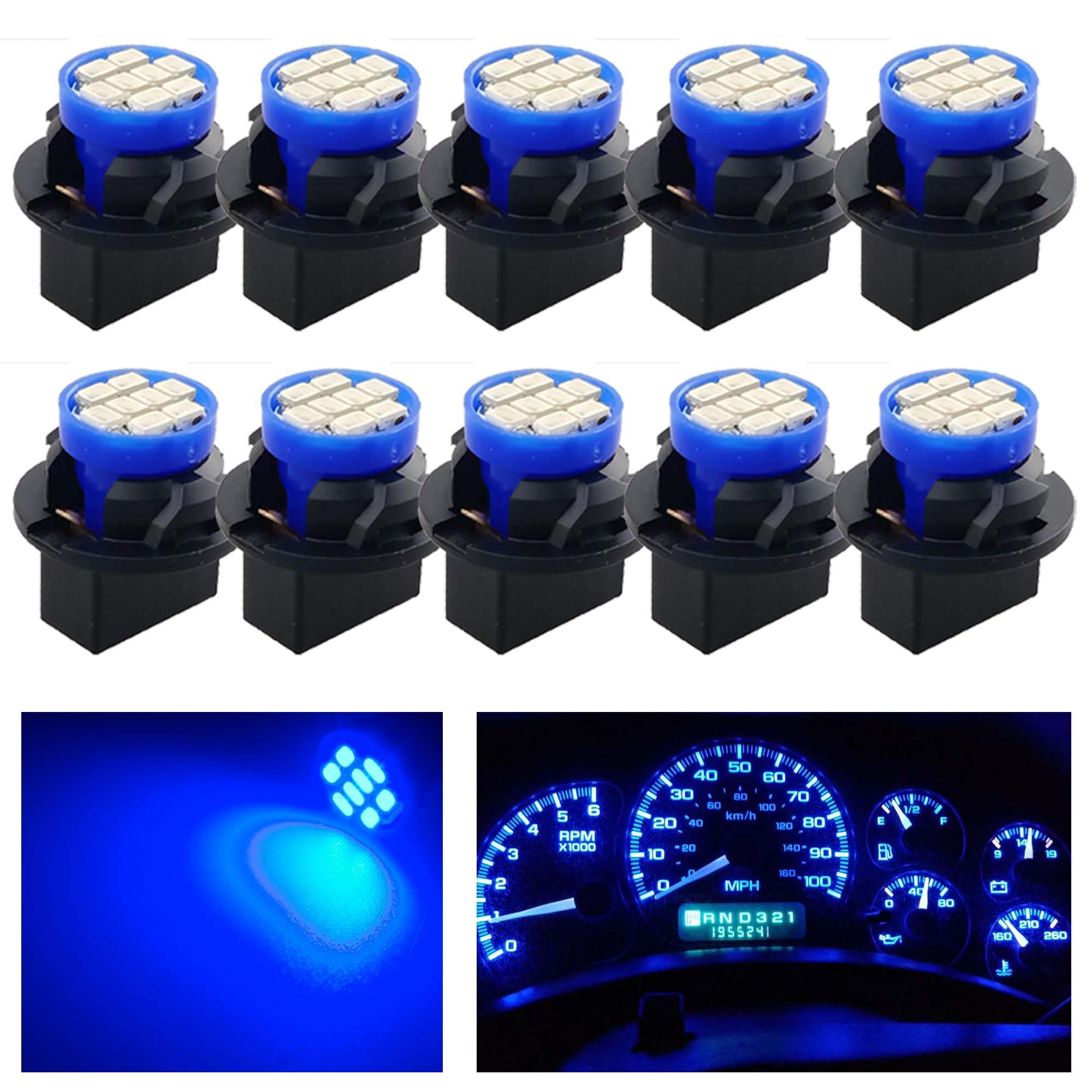 Blue T10 194 168 LED Dashboard Instrument Panel Light Bulbs, 10Pcs, Super Bright 12V 8-SMD Chipset with Twist Lock Socket for Gauge Cluster Replacement