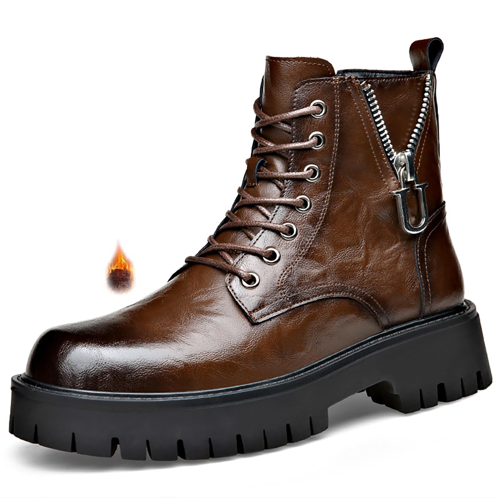 Men'S Genuine Leather Platform Combat Boots Fashion Lace Up Side Zipper Lug Sole Non-Slip High Top Motorcycle Boots Comfort Outdoor Waterproof Soft Sole Work Ankle Booties