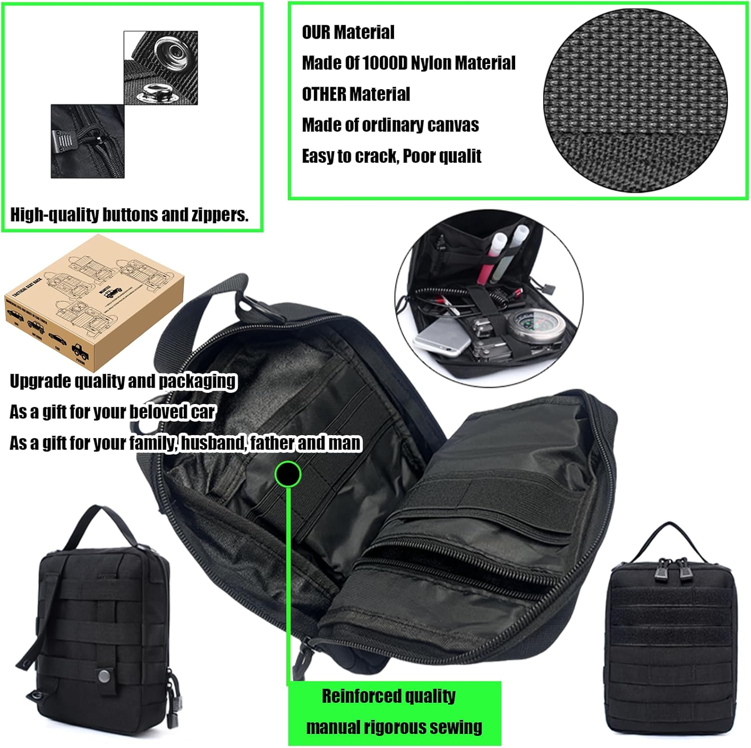 6 Pack Tactical Molle Car Seat Back Organizer Tactical Vehicle Panel with 5 Detachable Molle Pouch for Car Truck Ford Jeep Vehicle,US Patch Automotive Organizer For Man (5 Pouches)