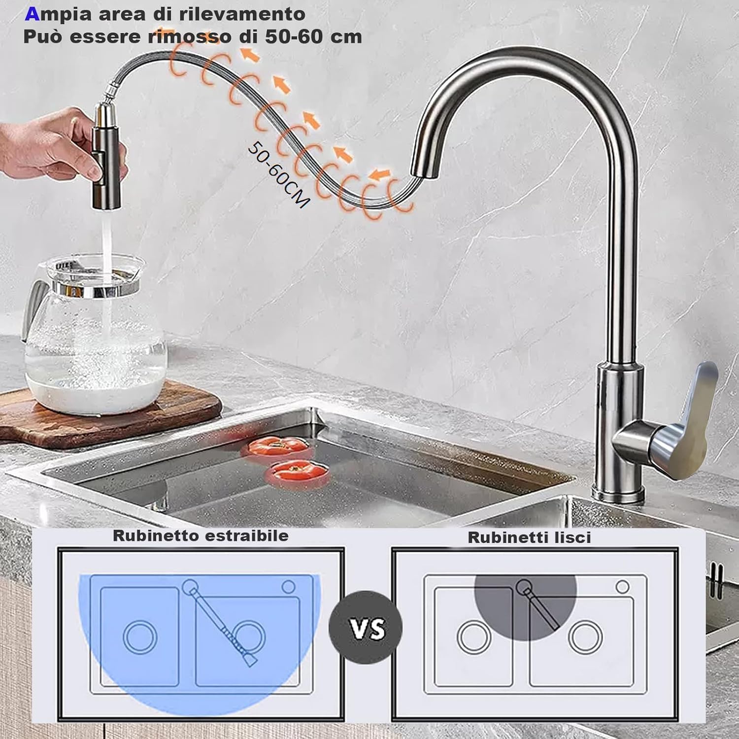 XWIHTR Rubinetto da cucina estraibile, girevole a 360°, rubinetto da cucina in acciaio inox a 2 funzioni, rubinetto da cucina ad alta pressione, miscelatore per lavello (spazzolato)