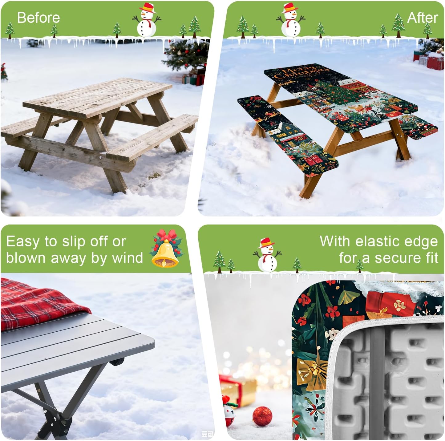 6FT Christmas Picnic Table Cover with Bench Covers Set of 3, Festive Christmas Village, 72"x30" Waterproof Holiday Tablecloth & Bench Seat Covers for Outdoor Dining, Camping & Party Decor