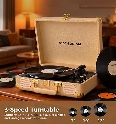 Miniatura 10 de Tocadiscos Bluetooth vintage, tocadiscos portátil de 3 velocidades con altavoces estéreo de graves integrados, fonógrafo de vinilo accionado por